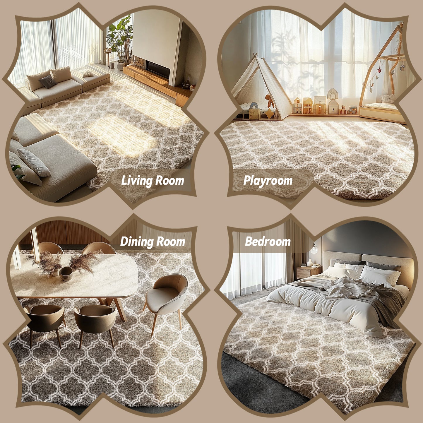 Geometric Shaggy Area Rugs for Bedroom, Moroccan Fluffy Living Room Carpet, Camel & White