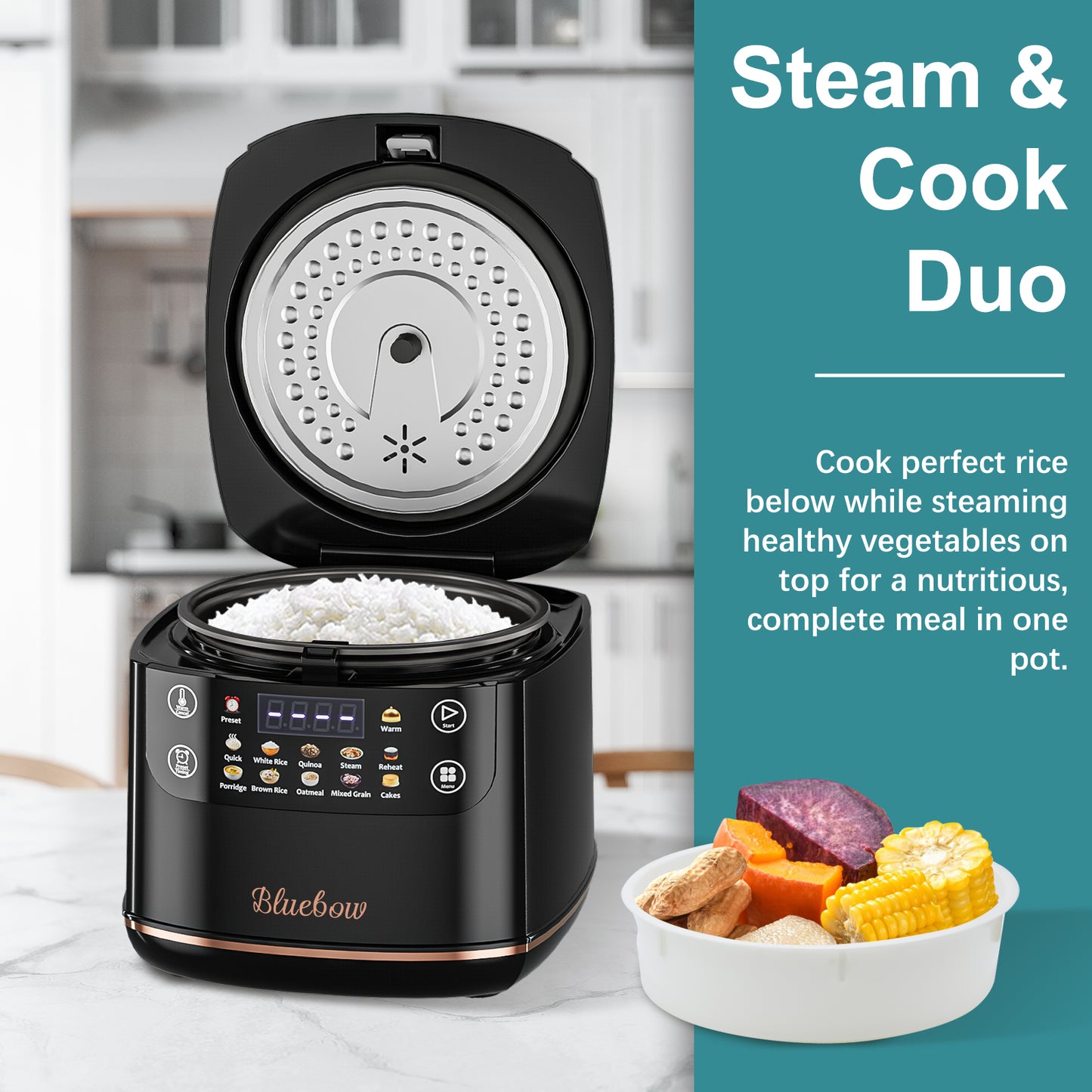 Bluebow Digital Rice Cooker, 6-Cup/2.1QT Small Rice Maker, 10 Presets, 24-Hour Delay Timer & Keep Warm, Non-Stick Inner Pot