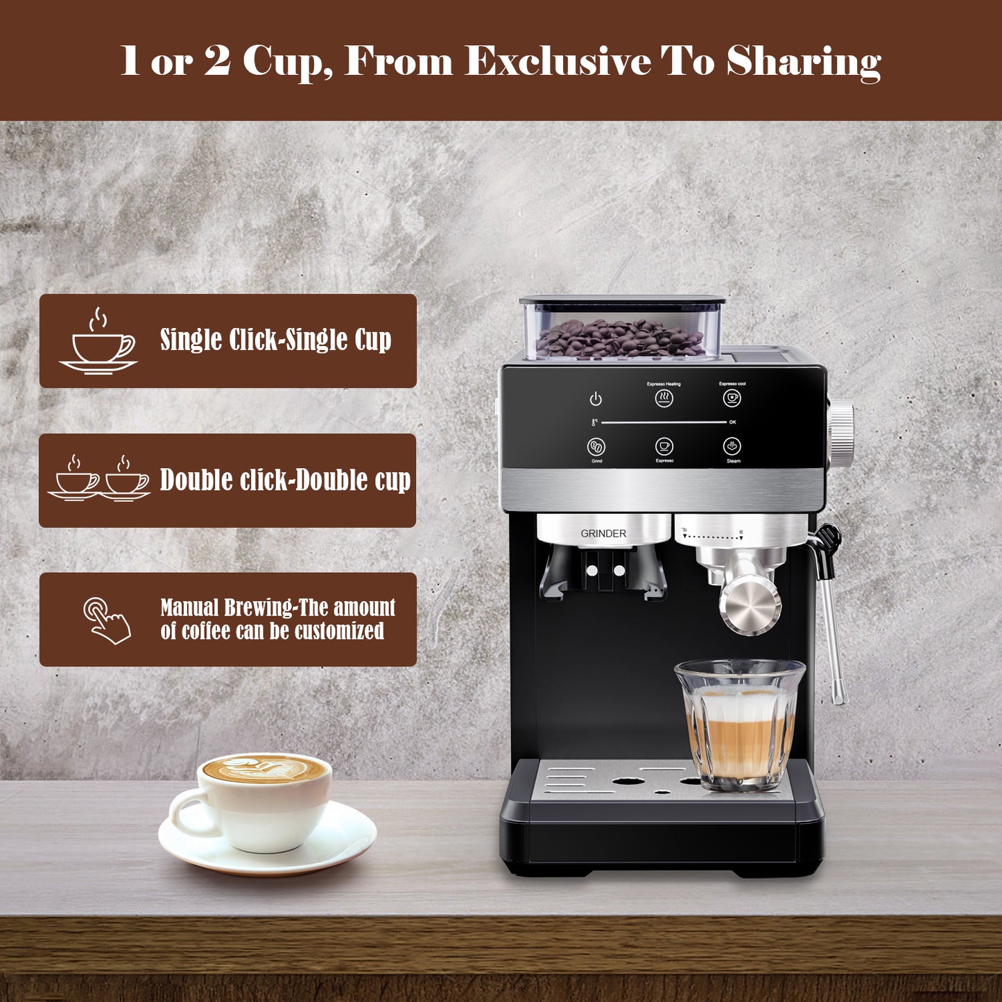Bluebow Espresso Machine with Grinder, 20Bar Semi-Automatic Coffee Maker with Milk Frother Steam Wand, Professional Cappuccino Latte Machine for Home, Office