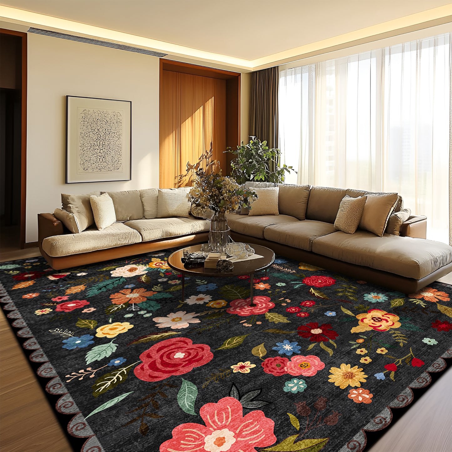 Pentantan Floral Area Rugs, Machine Washable Rug for Living Room- Soft Indoor Carpet, Low Pile for Bedroom, Dining Room, Playroom, Office