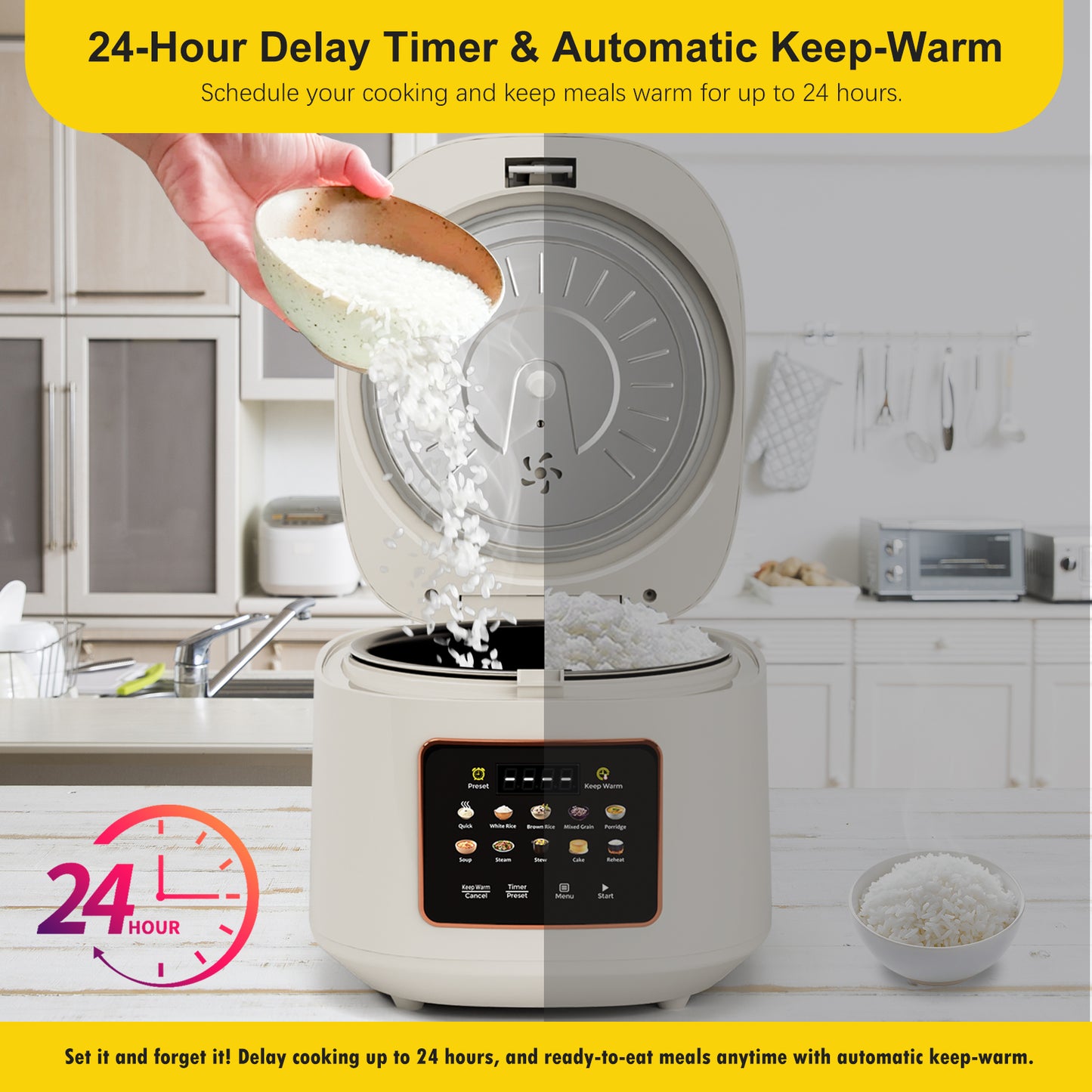 Bluebow Digital Rice Cooker, 10-Cups/5.3QT Rice Maker, 10-in-1 Smart Multi-Cooker, 24-Hour Timer & Keep Warm, Non-Stick Inner Pot, White