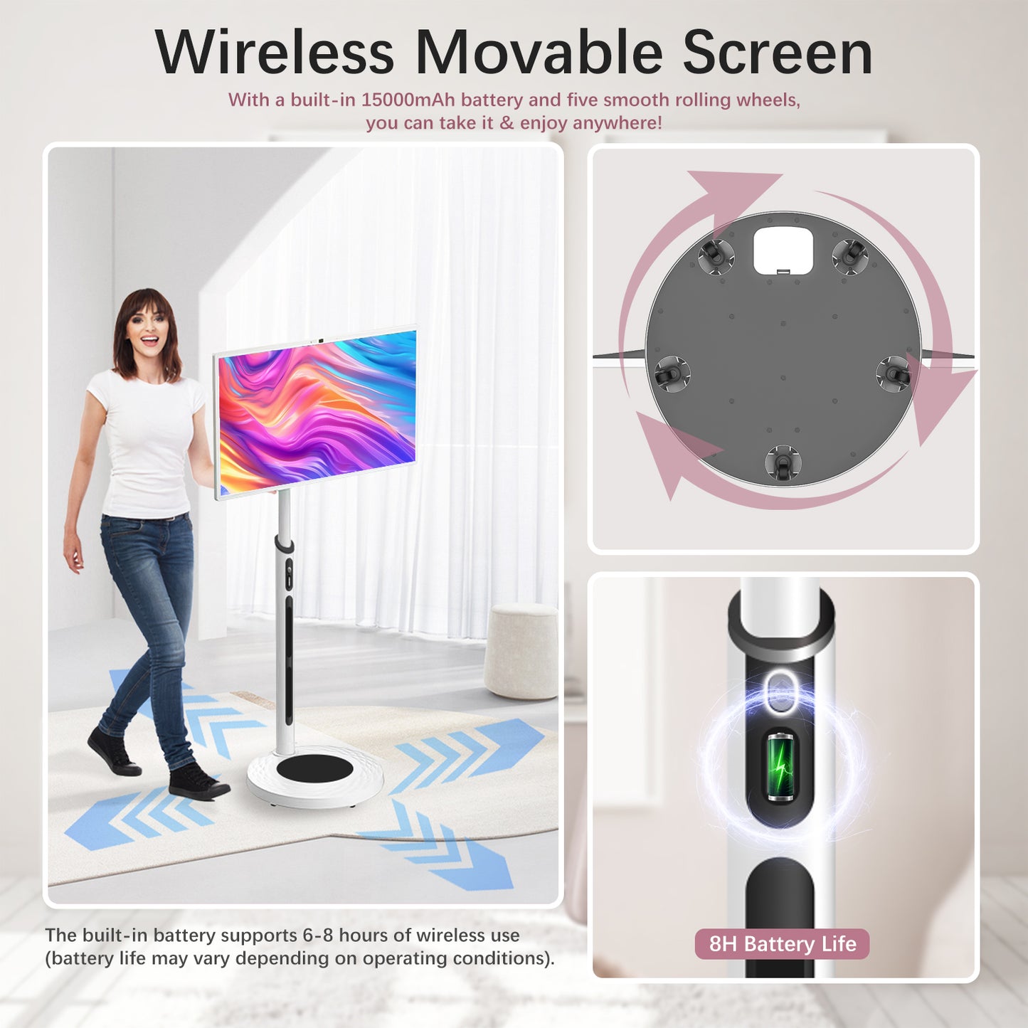 SANPTENT 32" Portable Touch Screen TV on Wheels, 8GB RAM 128GB Storage, 1080P Rolling Smart TV, Android OS 13, Full Swivel Rotation, Remote