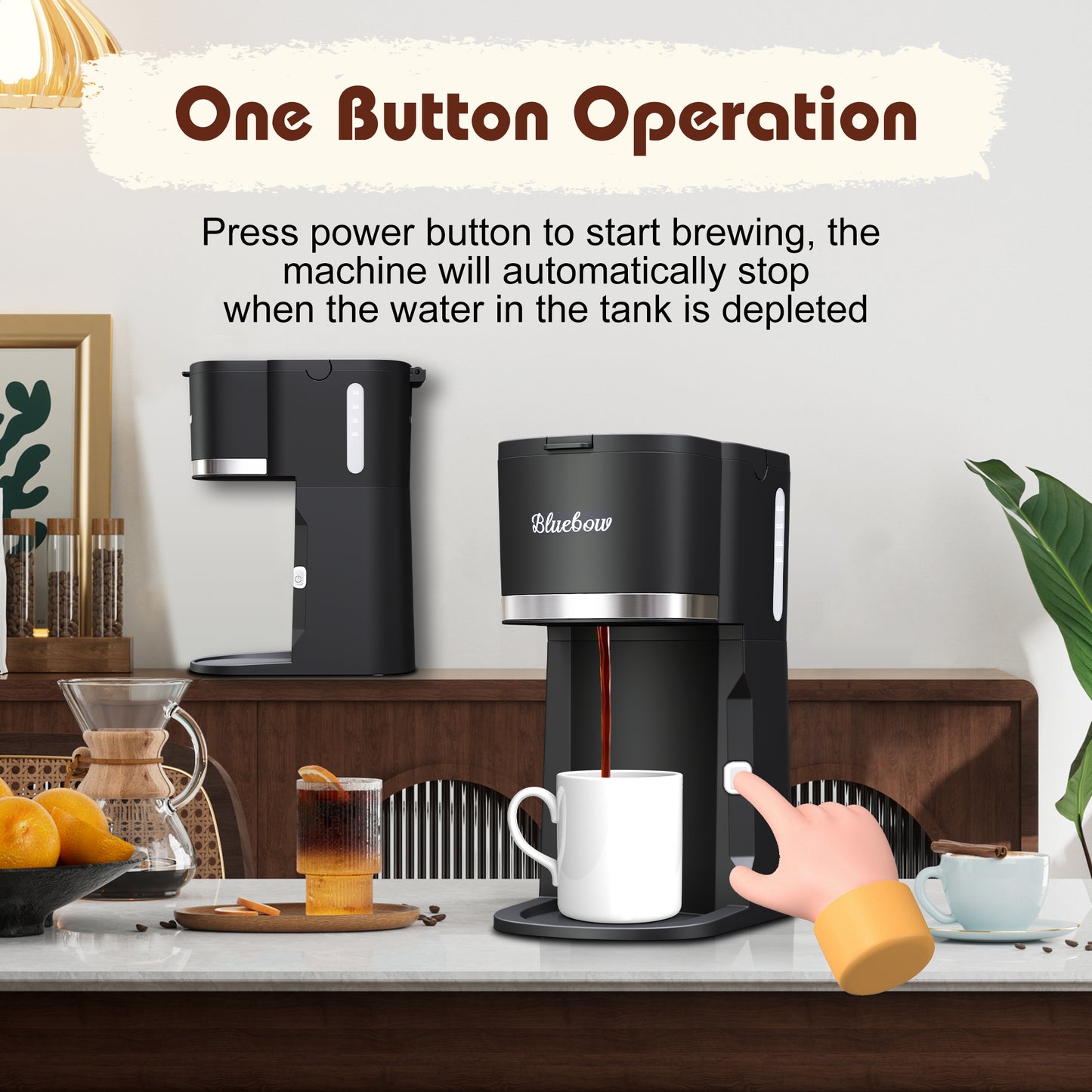 Bluebow Single Serve Coffee Maker for K Cup & Ground Coffee& Tea, Capsule Coffee Machine, 6-12oz Brew Size, Black