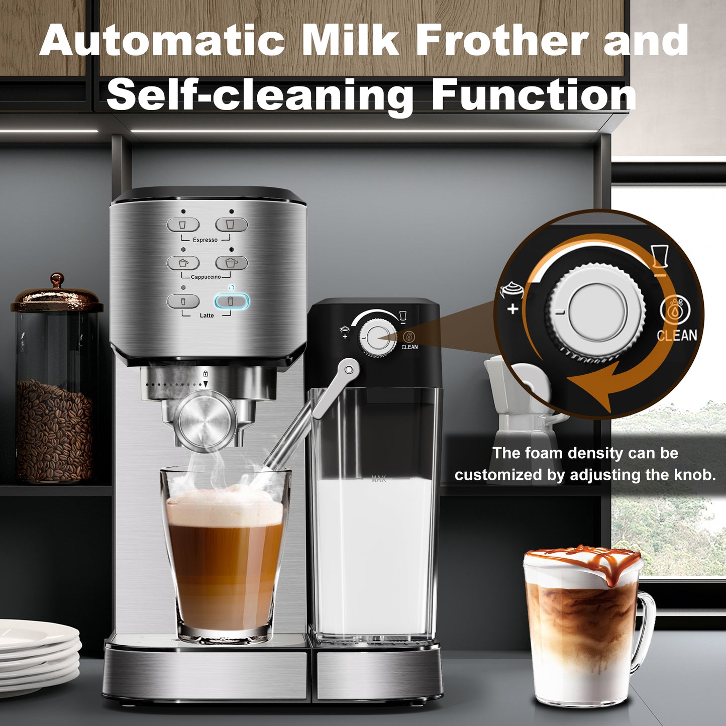 Bluebow 6-in-1 Espresso Machine, 20 BAR Cappuccino & Latte Machine with Built-In Milk Frother, One-Touch Single or Double Shot, 1350W, Stainless Steel