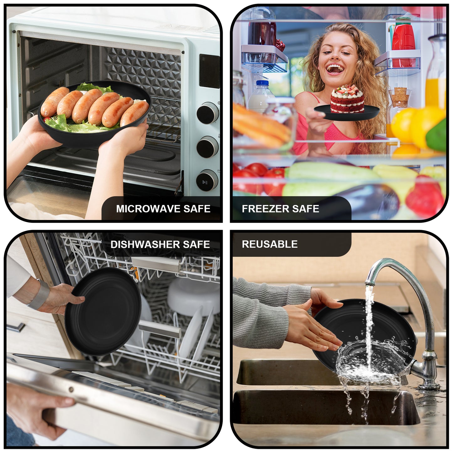 Vaparinckl Wheat Straw Dinnerware Sets 32 Pcs, Plates & Bowls Set For 8, Unbreakable, Eco-Friendly, Microwave & Dishwasher Safe, Black