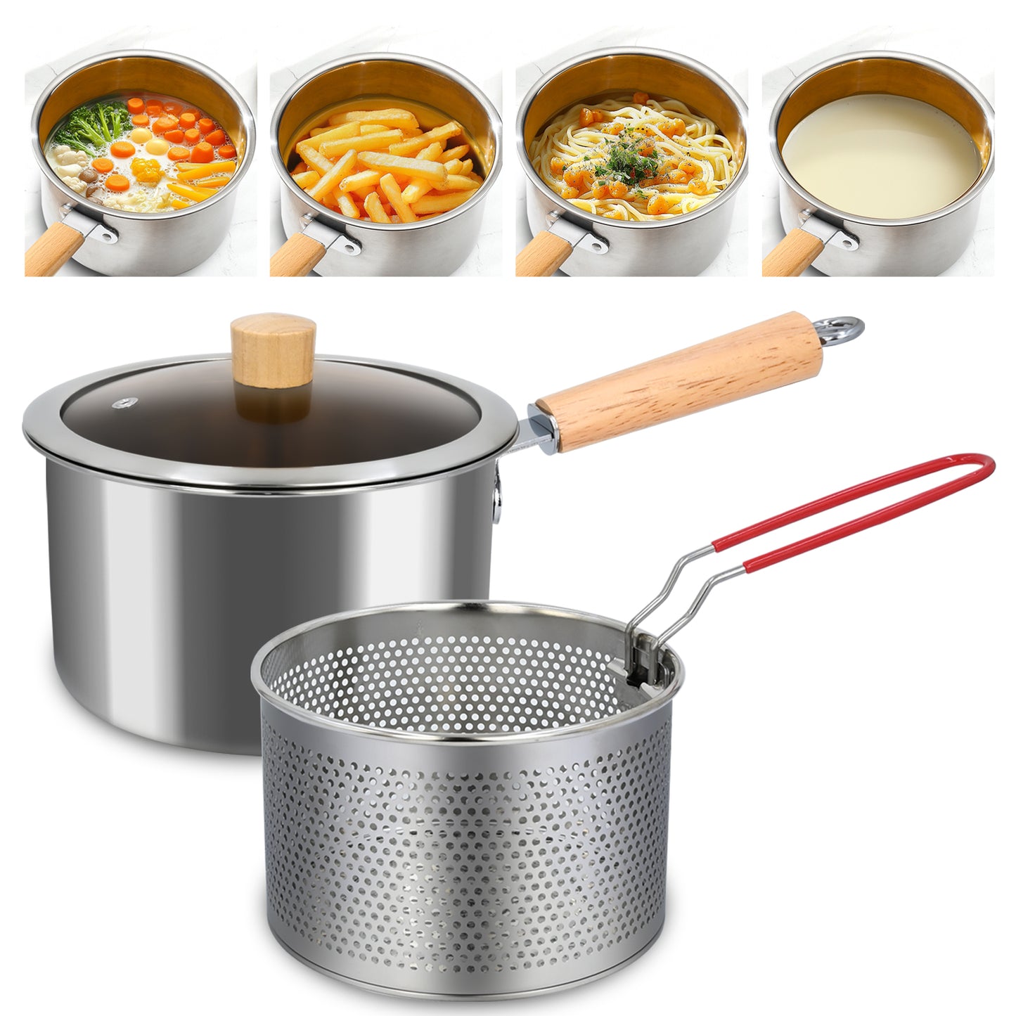 Deep Fryer Pot, Stainless Steel Fryer Pot with Basket and Handle, 3QT Oil Strainer Pot with View Window