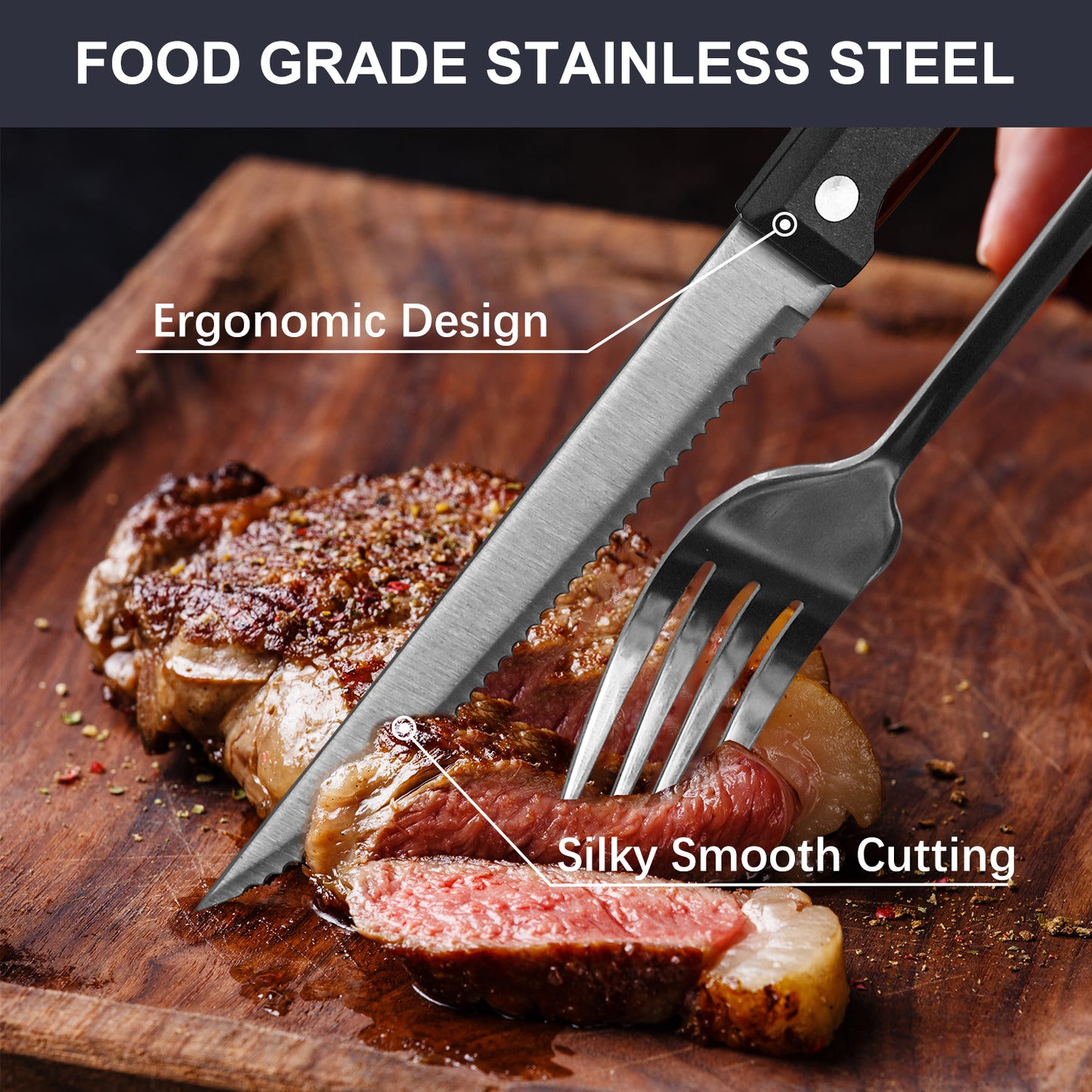 Bluebow 24-Piece Silverware Set with Steak Knives, Flatware Cutlery Set for 4, Food-Grade Stainless Steel Kitchen Tableware Set