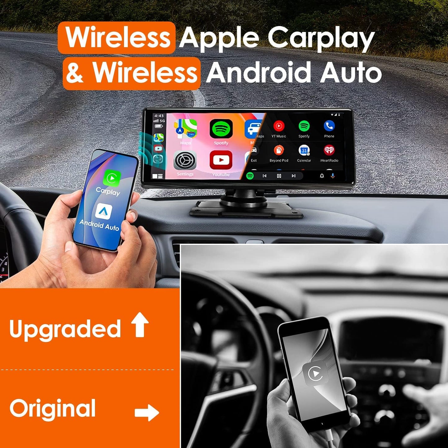 Lieucyst Wireless Apple CarPlay Dash Mount Portable Car Stereo, Android Auto, 9.33-Inch FHD Touchscreen Car Audio Receiver, Drivemate, Car Buddy with Voice Control, AUX/AV IN/USB, AHD Rear View Camera
