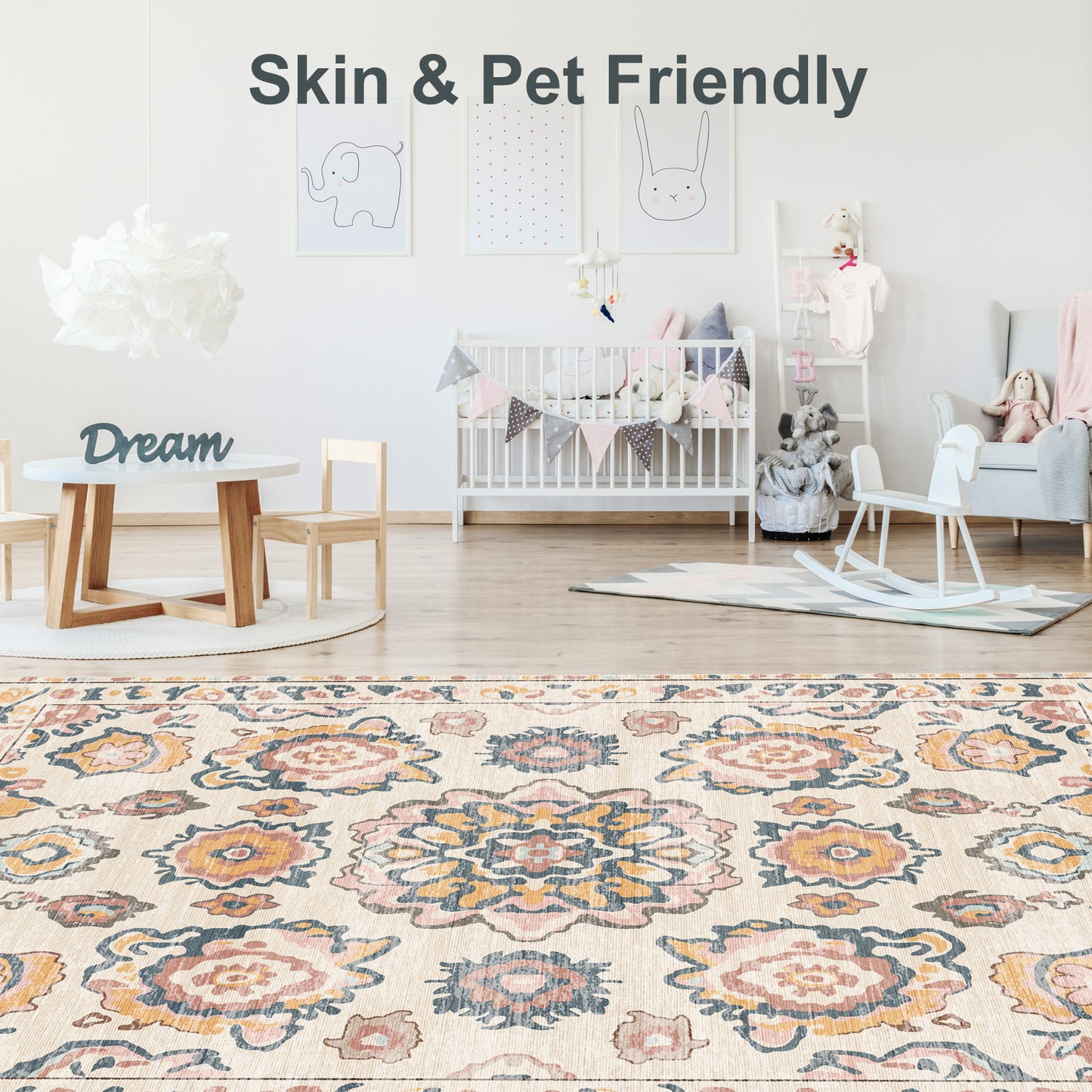 Boho 5'x7' Area Rugs for Living Room, Soft Machine Washable Rug, Neutral Moroccan Design for Bedroom, Dining Room, Playroom