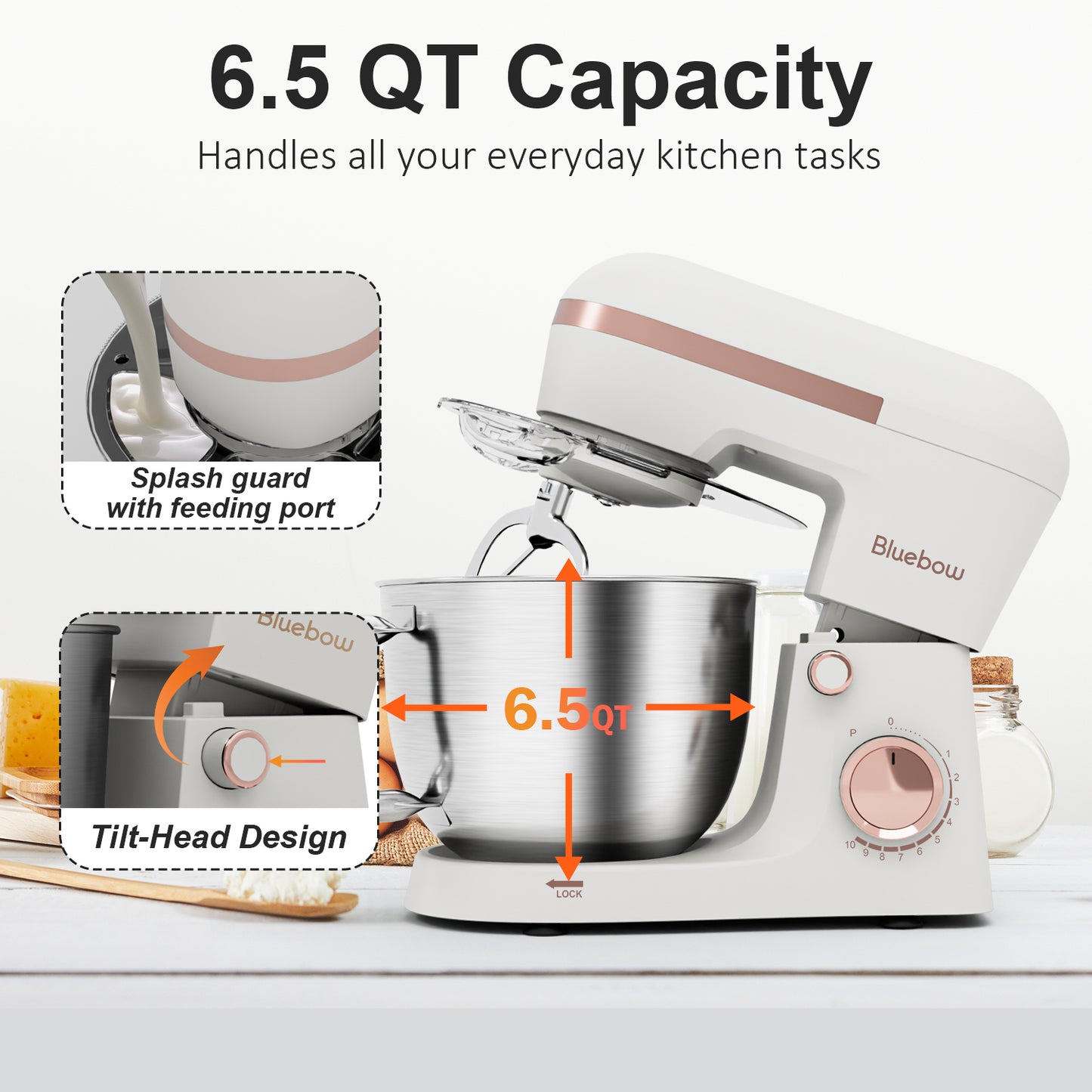 Bluebow 6.5QT Stand Mixer, 10+P Speeds Powerful Electric Kitchen Mixer with Dough Hook, Beater, Whisk, Food Mixer for Baking, Cooking