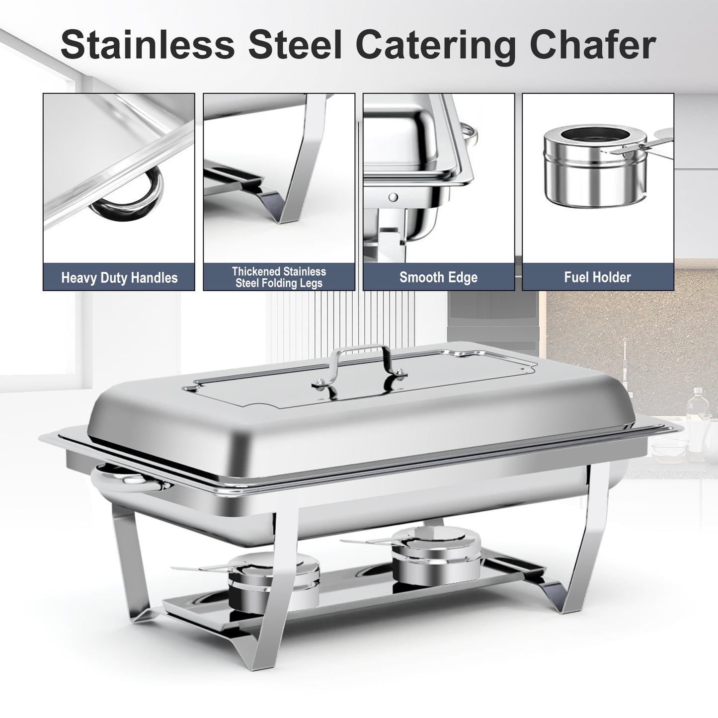 Bluebow 4 Pack Chafing Dishes for Buffet Set, Stainless Steel Catering Chafer, Serving Food Warmer with Lids, Food & Water Pans & Fuel Holders