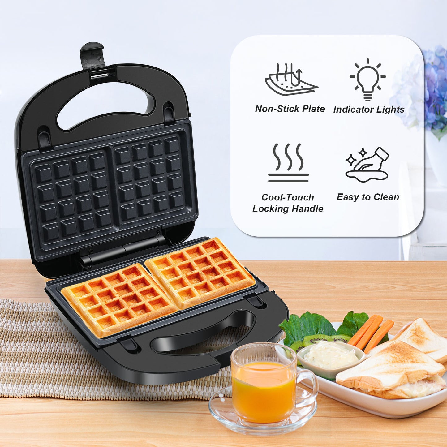 Bluebow 3 in 1 Waffle Maker, 2 Slice Breakfast Sandwich Maker with Removable Plates, Non-Stick Panini Press Grill, Indicator Light, 760W