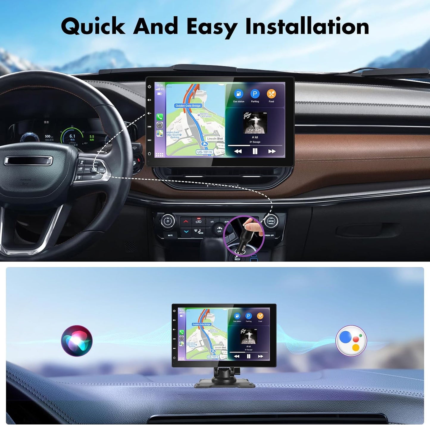 Wireless Apple CarPlay 9'' Touchscreen Dash Mount & Android Auto Portable Car Stereo