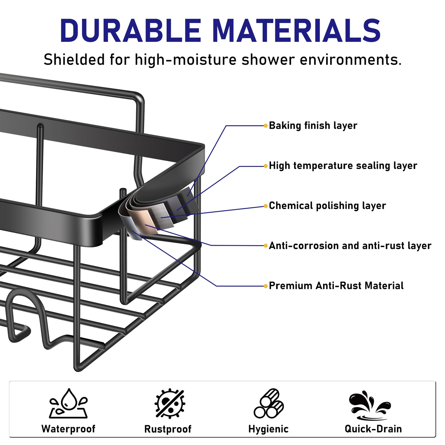 Vaparinckl Shower Caddy, 5 Pack No Drilling Adhesive Bathroom Organizers and Storage, Wall-Mounted Basket Accessories, Black