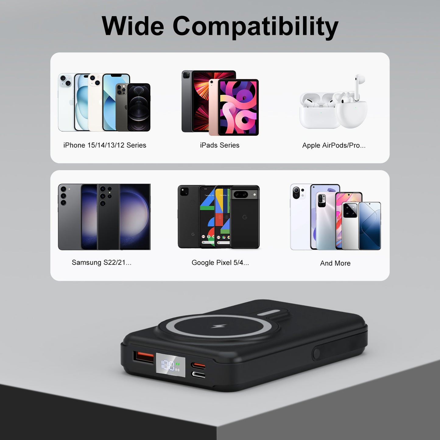 Magnetic Power Bank, 10000mAh Wireless Portable Charger with LED Display, Built-in Cables, Magsafe Charger with Foldable Stand, 22.5W PD Fast Charging for iPhone/Android, Black