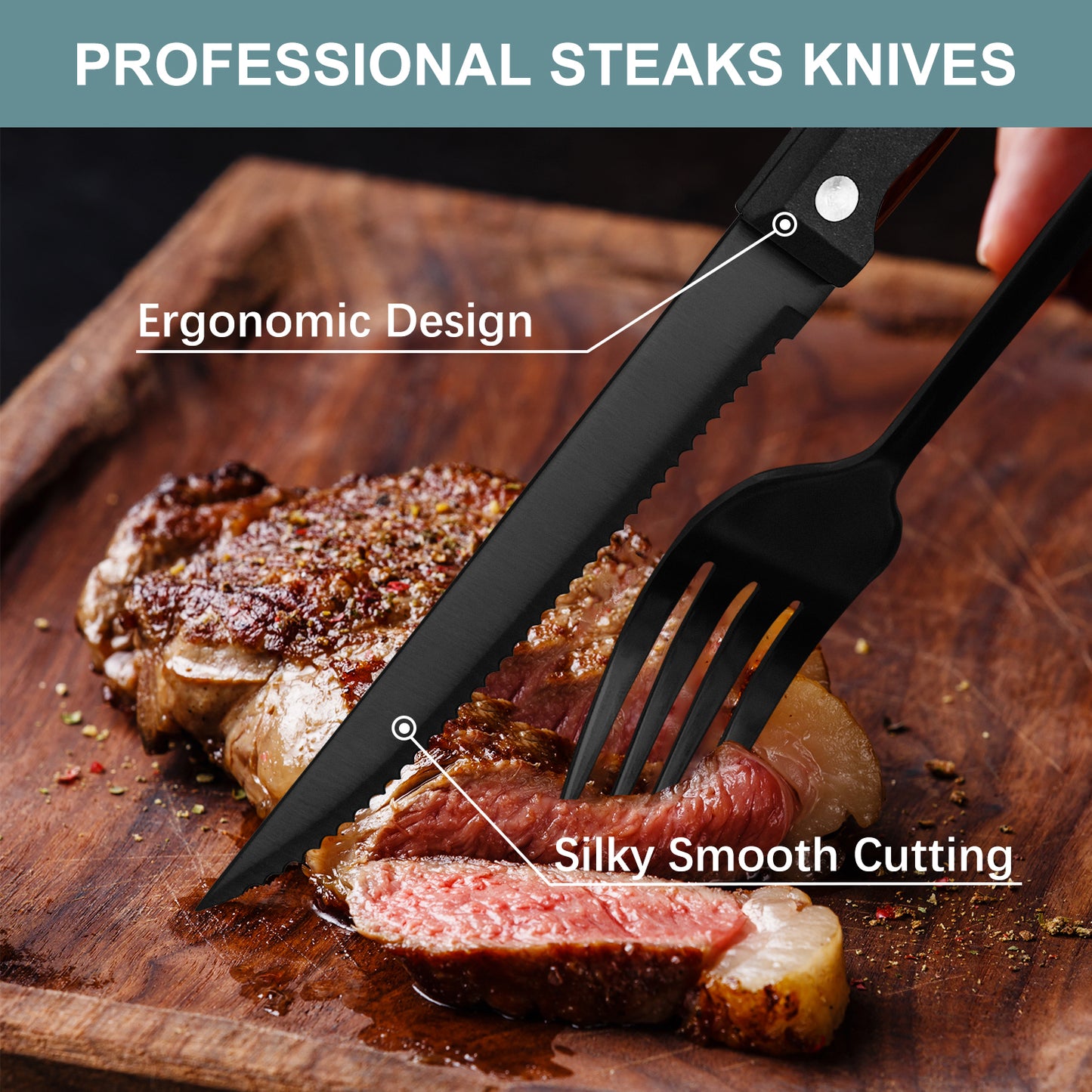 Bluebow 24-Piece Black Silverware Set with Steak Knives, Flatware Cutlery Set for 4, Food-Grade Stainless Steel Kitchen Tableware Set