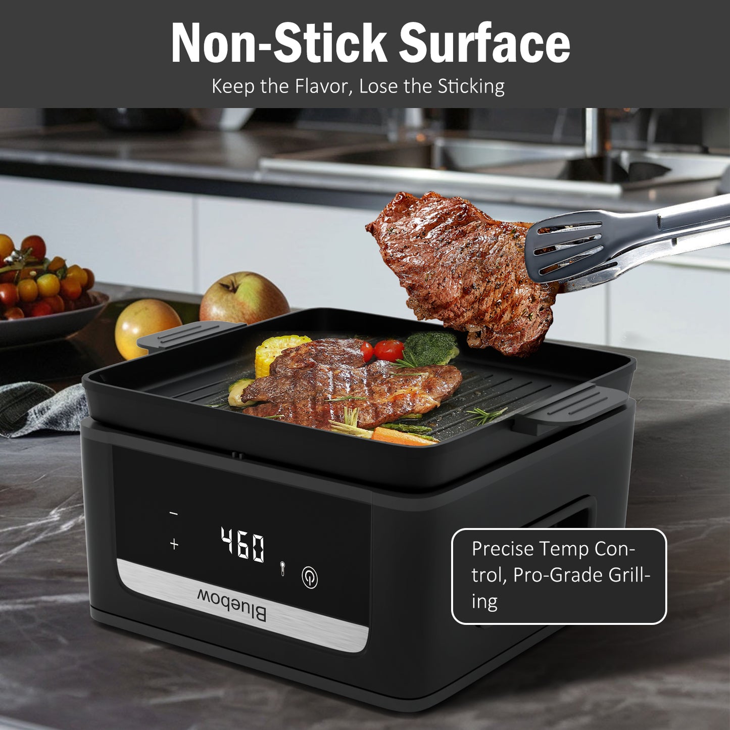 Bluebow 2-In-1 Air Fryer & Grill Pan Combo, 9QT Capacity, 8 Preset Functions, Non Toxic, Non-Stick, View Window, Black