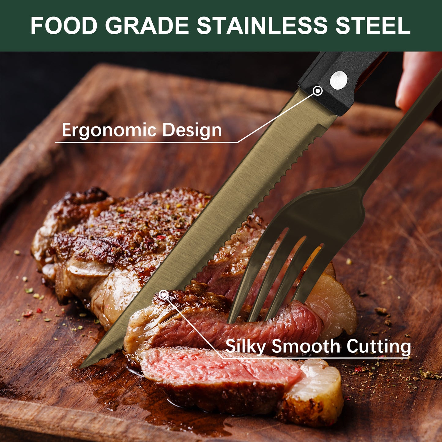 Bluebow 24-Piece Golden Silverware Set with Steak Knives, Flatware Cutlery Set for 4, Food-Grade Stainless Steel Kitchen Tableware Set