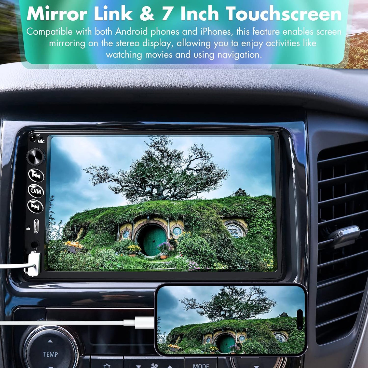 Lieucyst Double Din Car Stereo Compatible with Apple CarPlay & Android Auto, 7-Inch HD Touchscreen Car Radio with USB & Type-C Ports, Bluetooth, FM, Backup Camera, AUX/TF Input