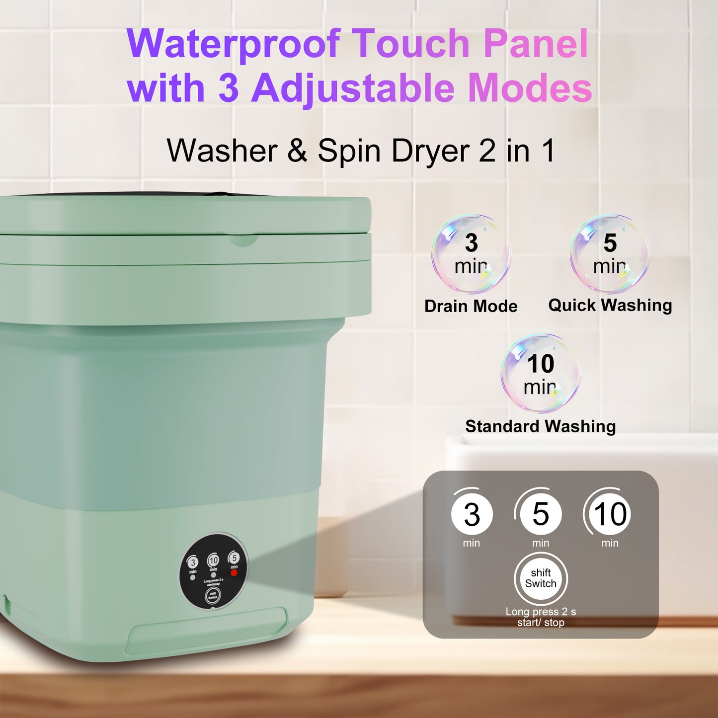 Pentantan 12L Portable Washing Machine, Mini Foldable Washer for Apartment, RV, Travel, Green
