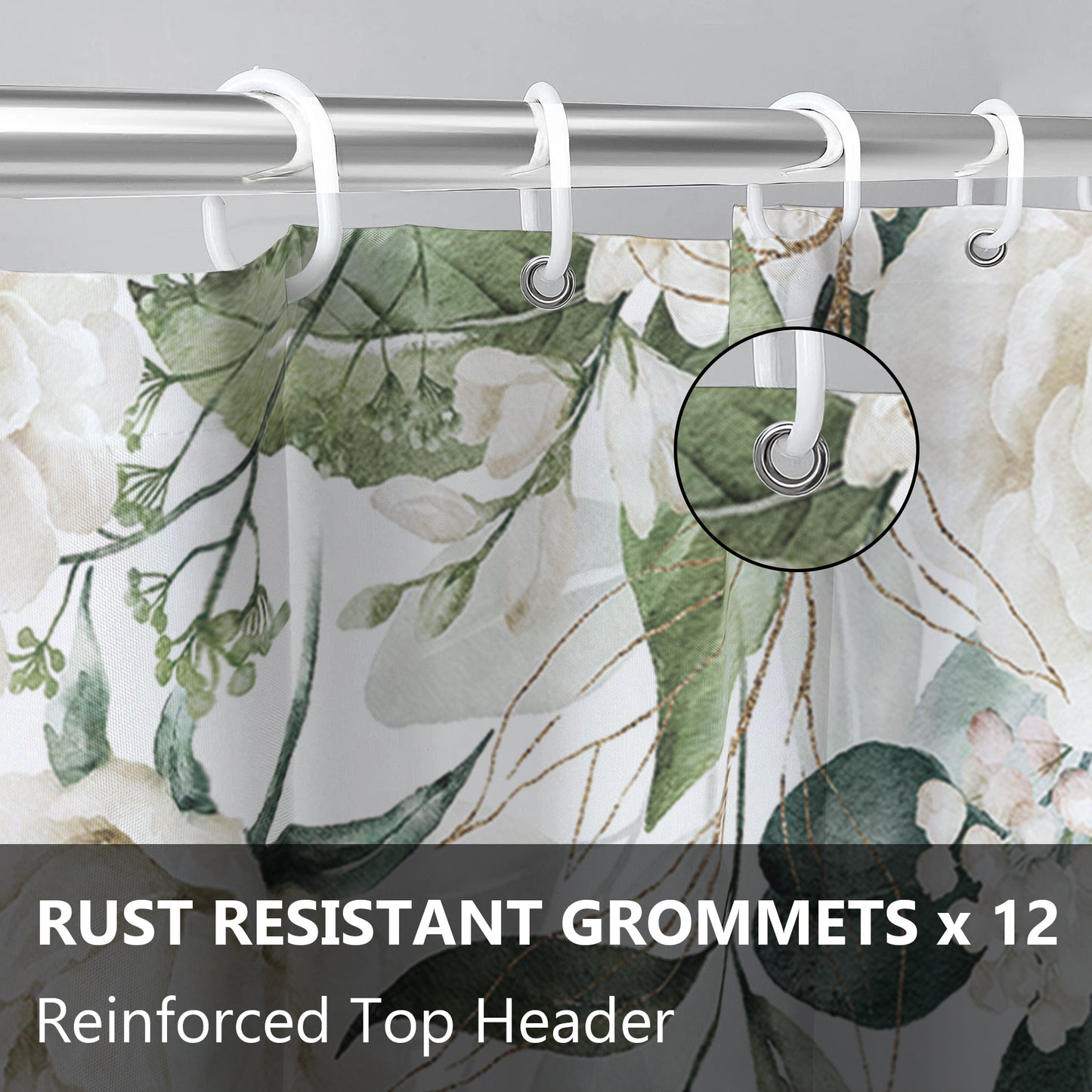 Vaparinckl Fabric Shower Curtain, Floral Watercolor Waterproof Liner Set with Hooks for Bathroom, 72"x72"