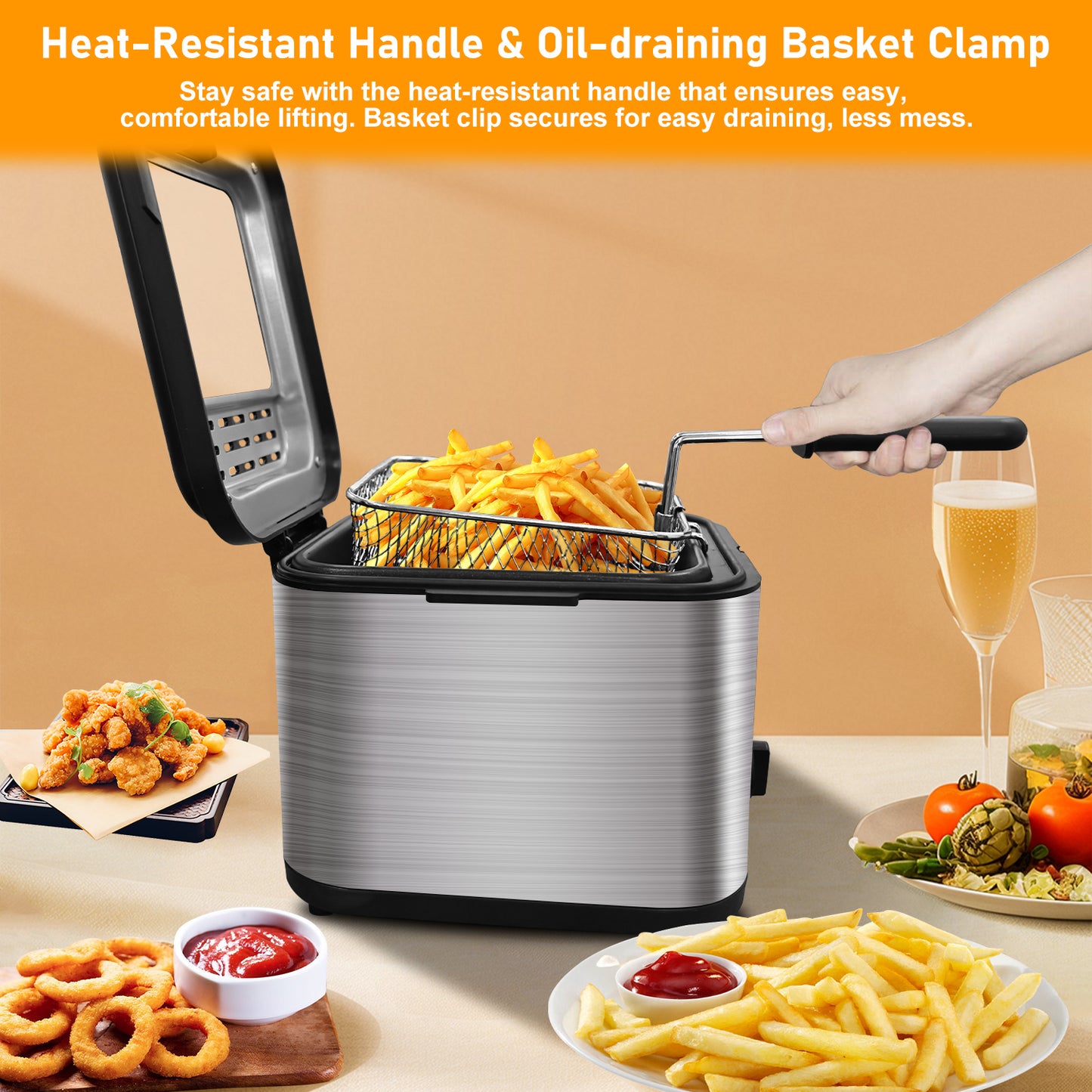 Bluebow Electric Deep Fryer, 2.5 Quart Capacity, Wide Viewing Window, Adjustable Temperature, Stainless Steel