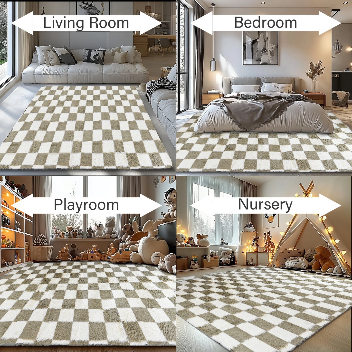 8ft x 10ft Shaggy Area Rugs for Bedroom, Classic Checkered Fluffy Living Room Carpet, Beige & White