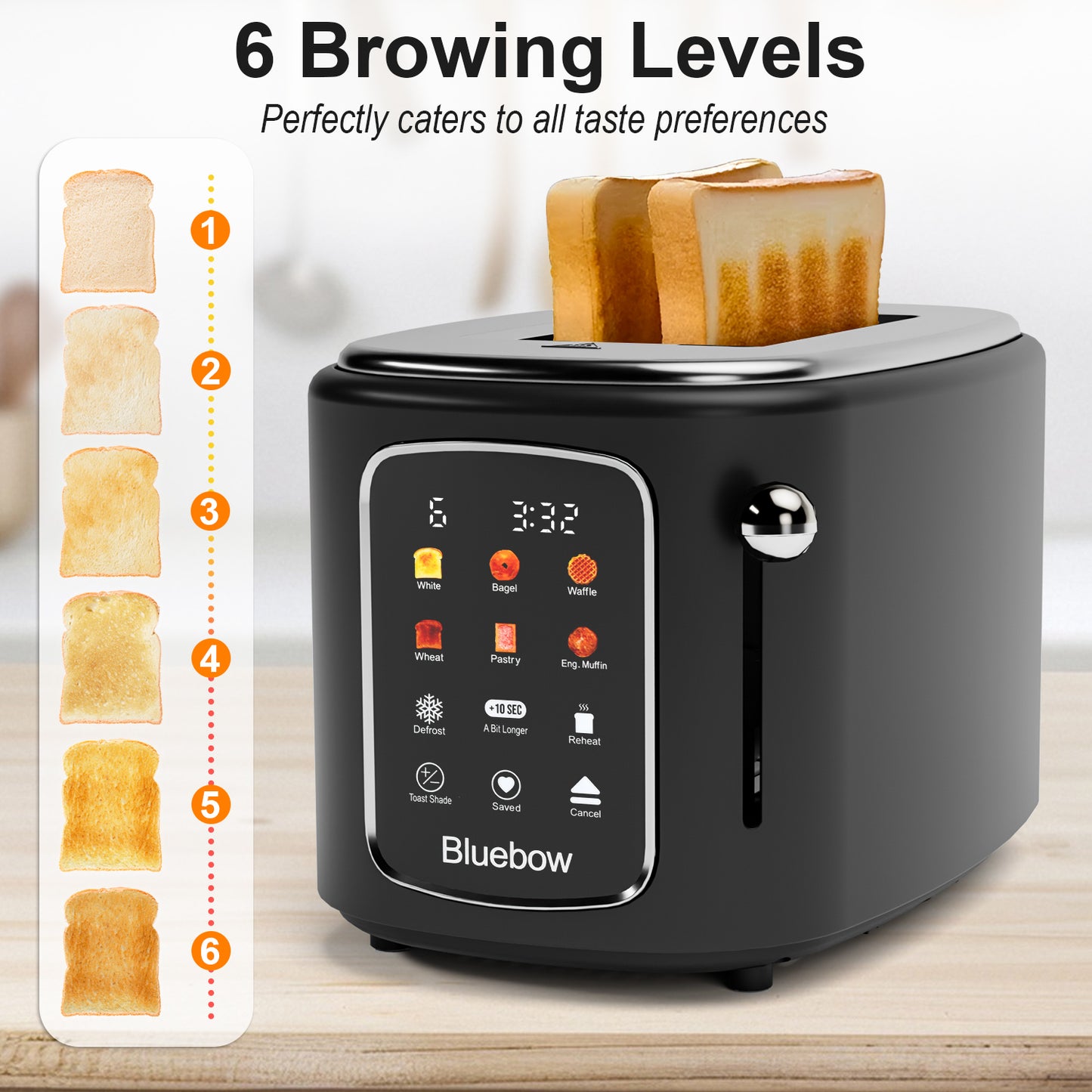 Bluebow 2-Slice Touchscreen Toaster, Removable Tray, Kitchen Appliances, Apartment Essentials (Black)