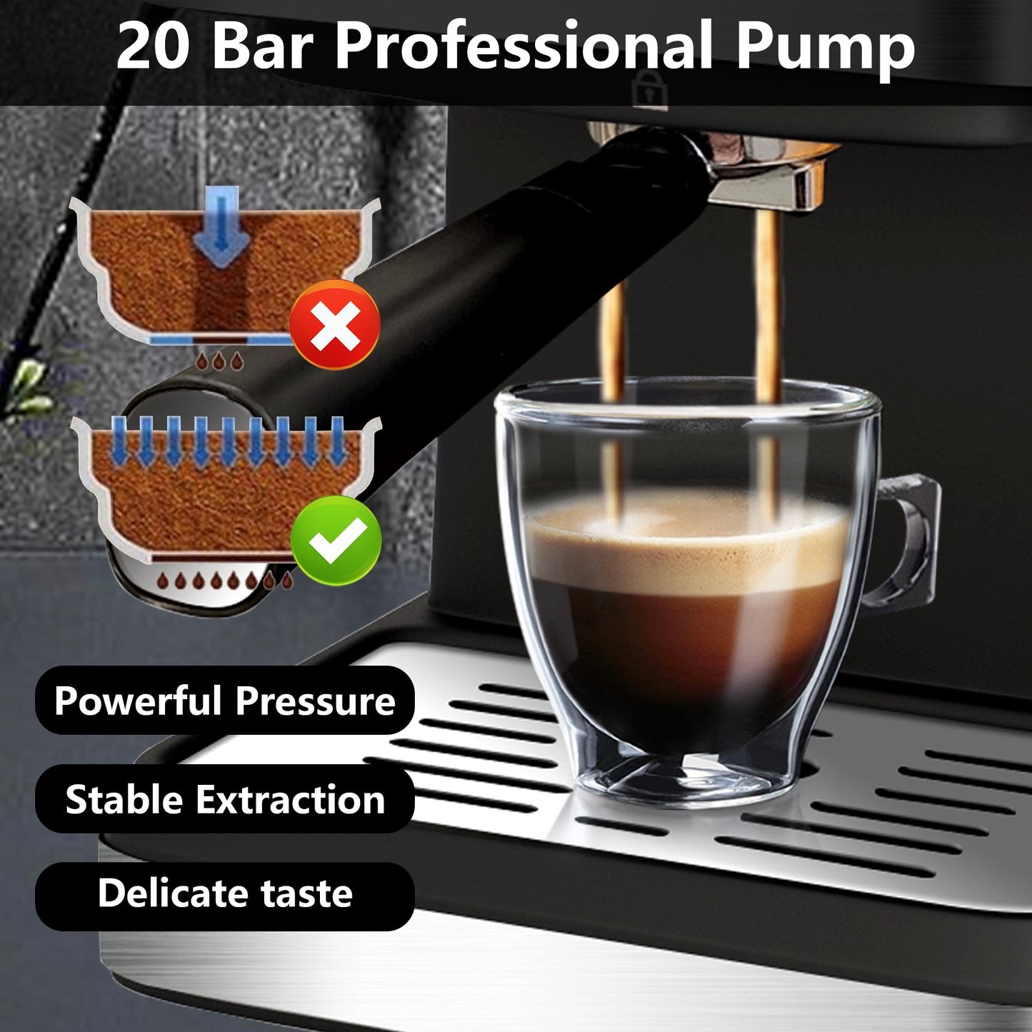 Bluebow Espresso Machine 20 Bar, 1.5L Water Tank Milk Frother Steam, Stainless Steel Coffee Maker, Silver