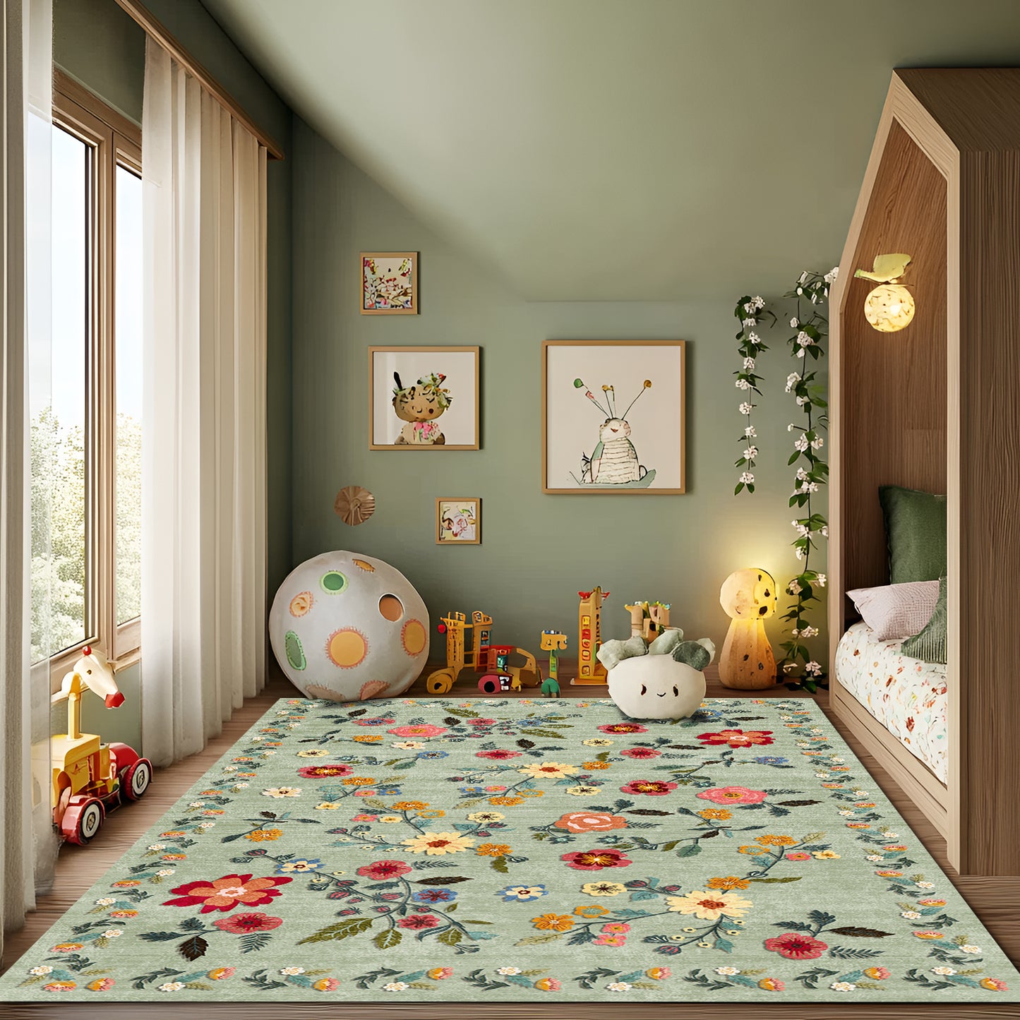 Pentantan 9'x12' Floral Area Rugs, Machine Washable Rug for Living Room- Soft Indoor Carpet, Low Pile for Bedroom, Dining Room, Playroom, Office, Green