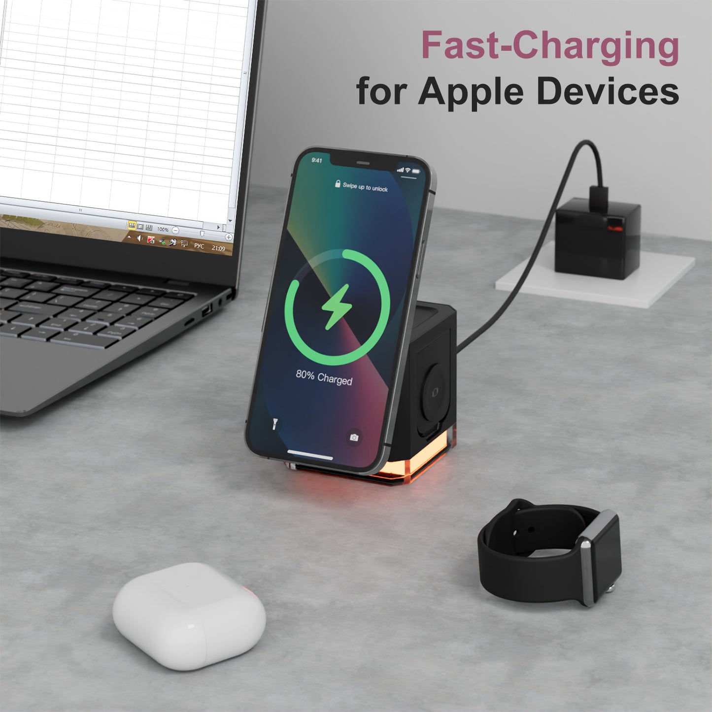Easy-Goes Tech 3 in 1 Cube Wireless Charger, Foldable Charger Stand, 15W Fast Wireless Charging Station for iPhone 15/14/13/12 Series, Apple Watch, AirPods - White