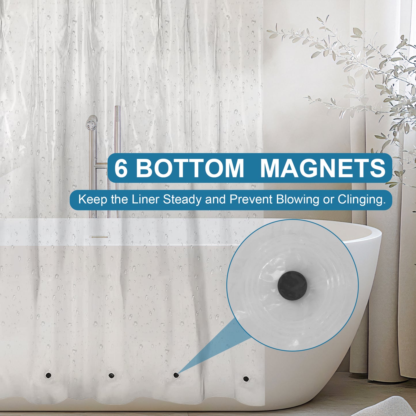 Vaparinckl Shower Curtain Liner, PEVA Waterproof Bathroom Accessories with 6 Magnets, Lightweight & Durable, 72"x72", Clear