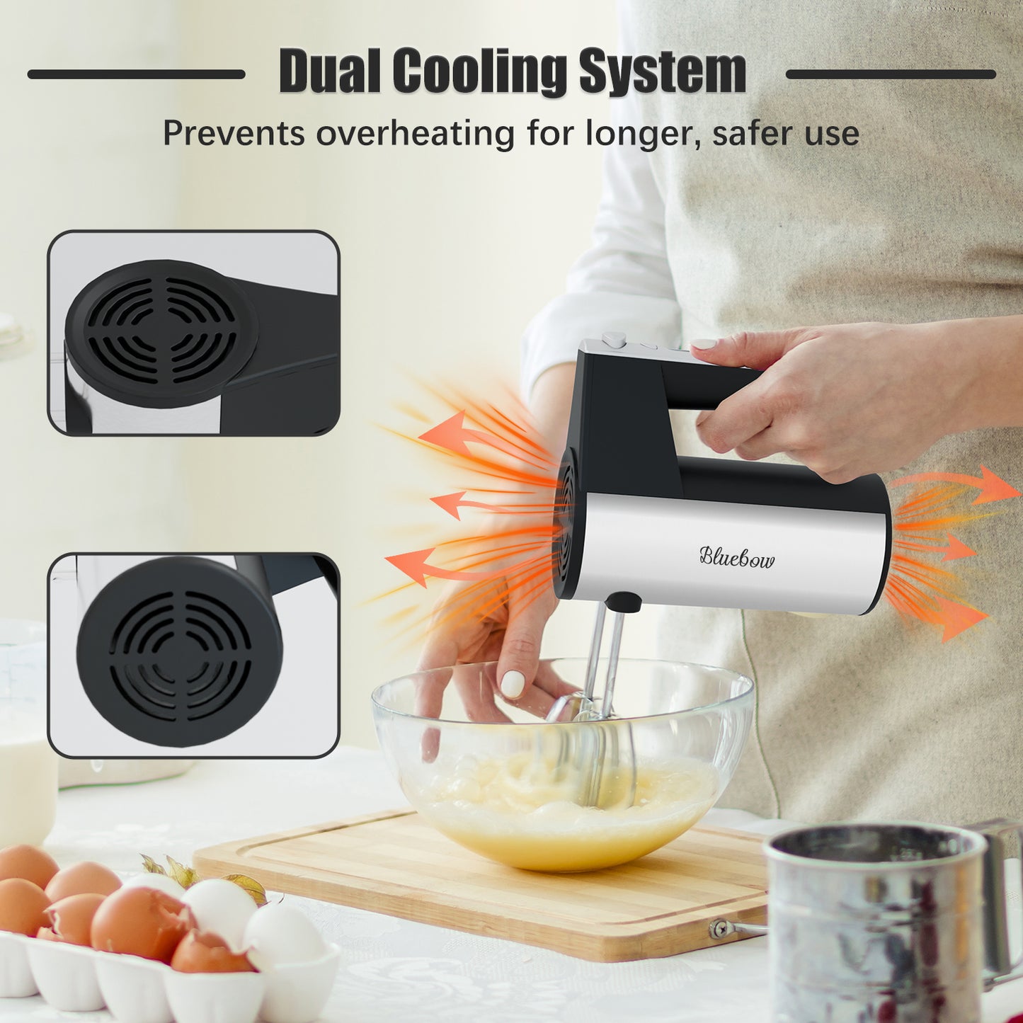 Bluebow Electric Hand Mixer, 5 Speed with Turbo, Kitchen Handheld Mixer with Stainless Steel Whisk, Dough Hook Attachment and Storage Base