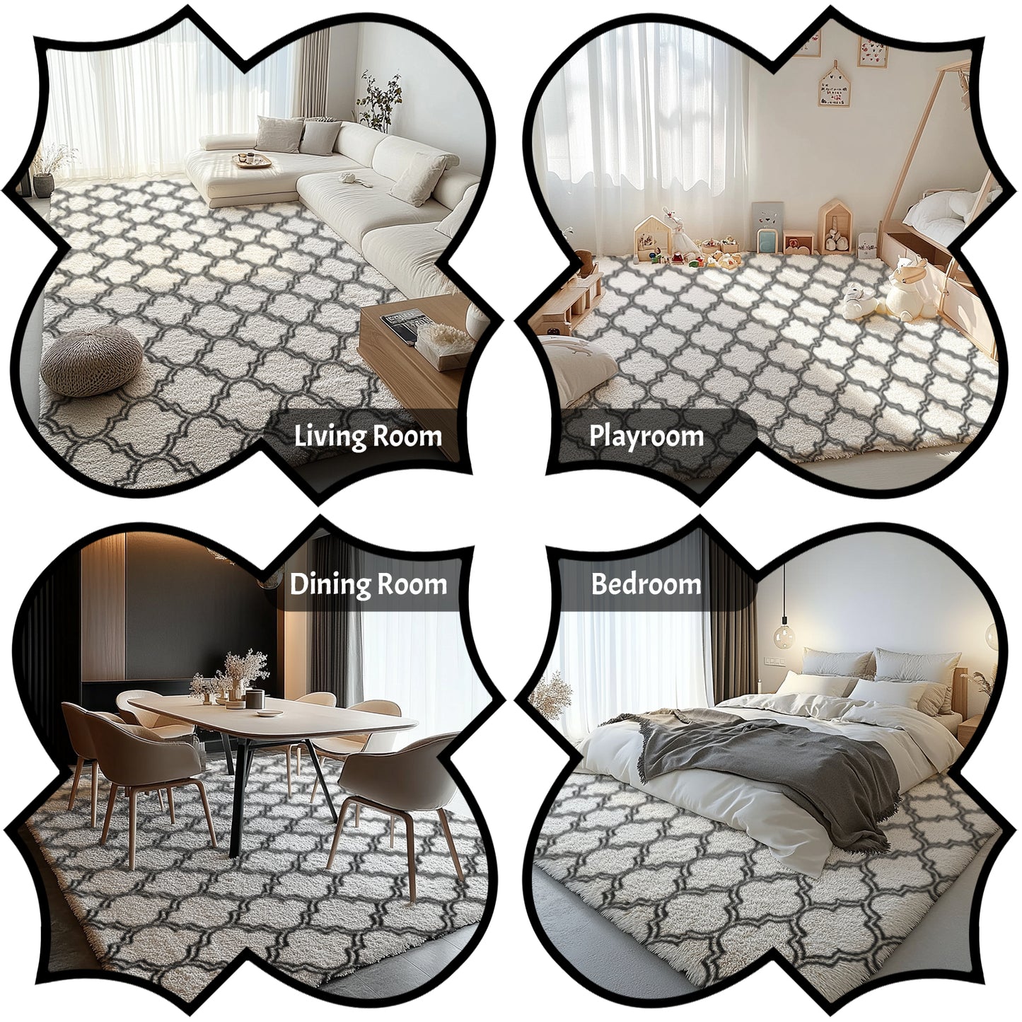 Pentantan 8ft x 10ft Geometric Shag Area Rugs for Living Room, Moroccan Fluffy Bedroom Carpet, White & Black