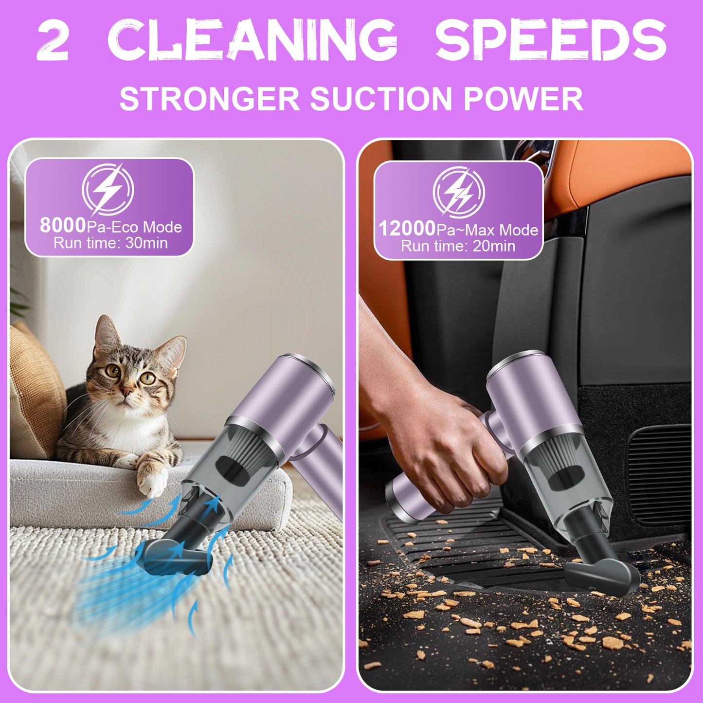 Pentantan Cordless Handheld Vacuum Cleaner, 12000PA Powerful Sutions Car Vacuum, 2 Adjustable Speeds Lightweight Mini Vacuum for Car, Keyboard, Home, Purple