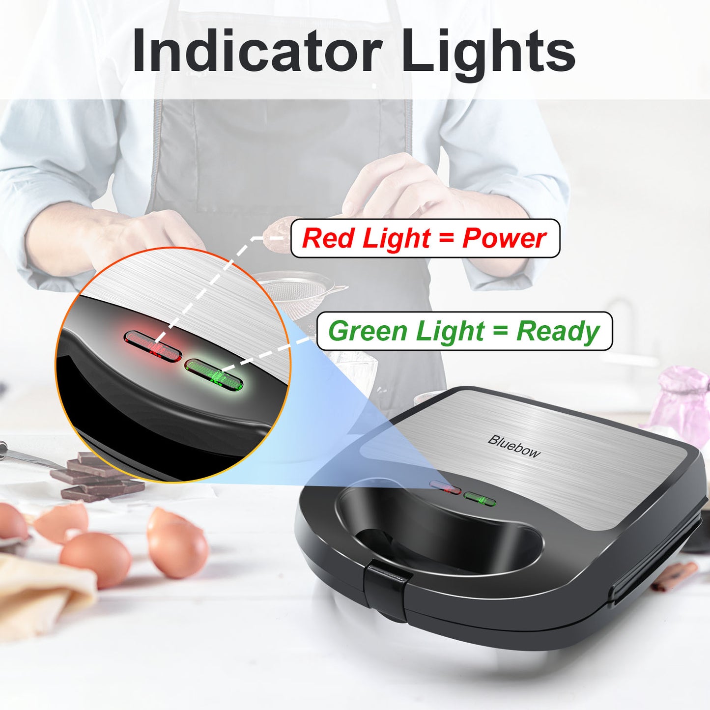 Bluebow 3 in 1 Waffle Maker, 2 Slice Breakfast Sandwich Maker with Removable Plates, Non-Stick Panini Press Grill, Indicator Light, 760W