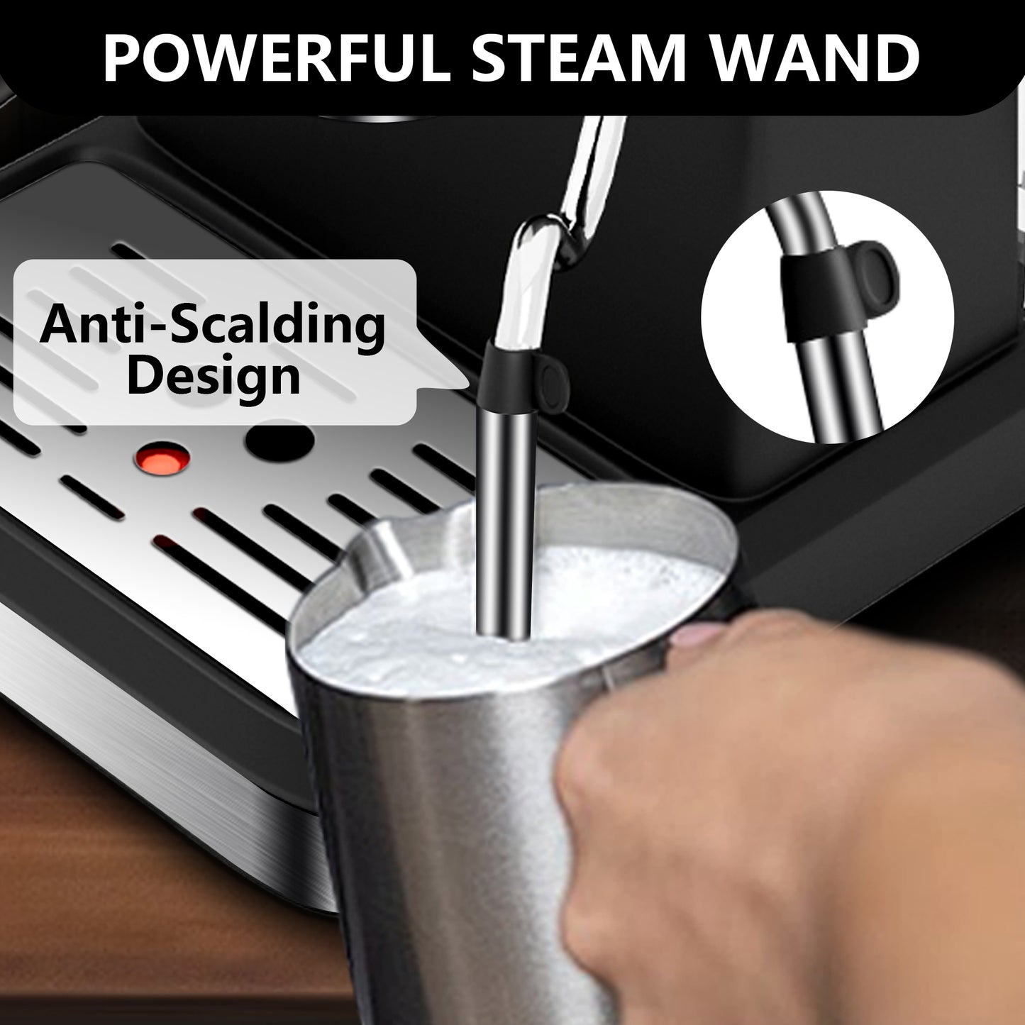 Bluebow Espresso Machine 20 Bar, 1.5L Water Tank Milk Frother Steam, Stainless Steel Coffee Maker, Silver