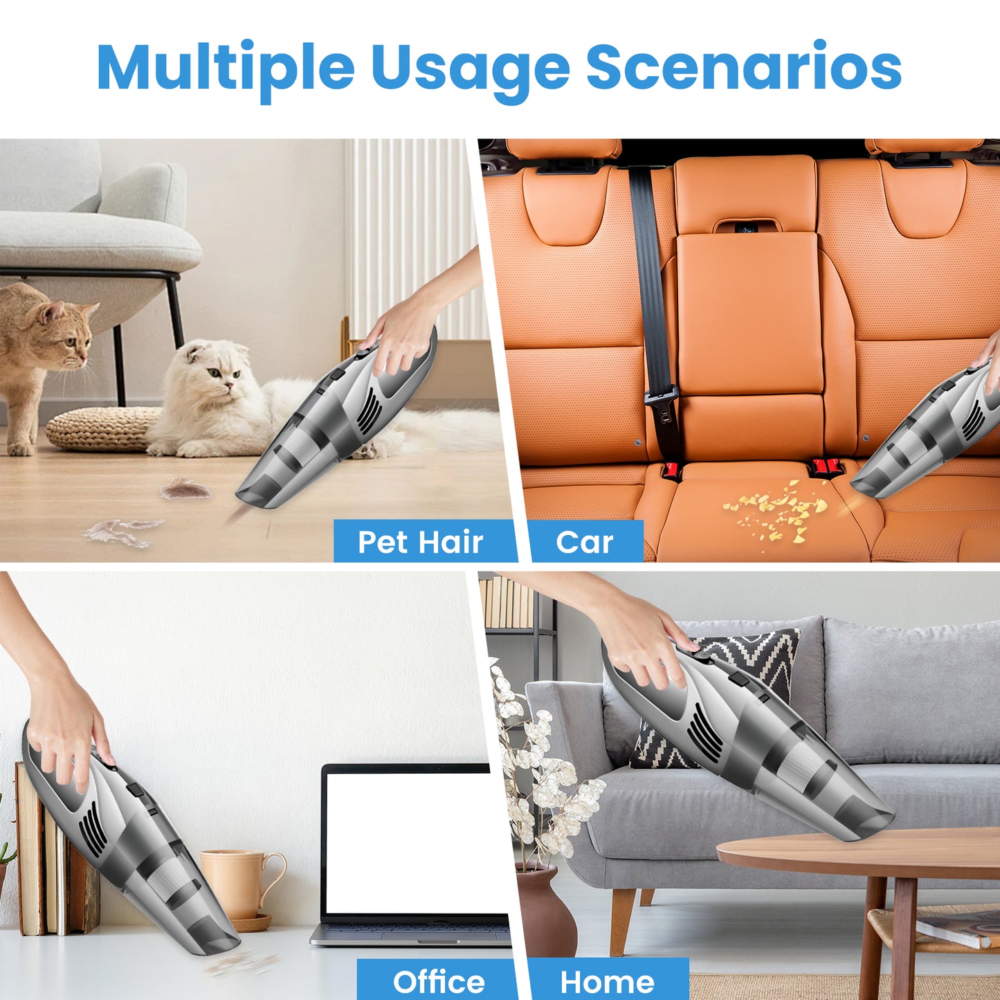 Cordless Handheld Car Vacuum, Portable Vacuum Cleaner, 8KPA Powerful Suction for Car and Pet Hair, Gray