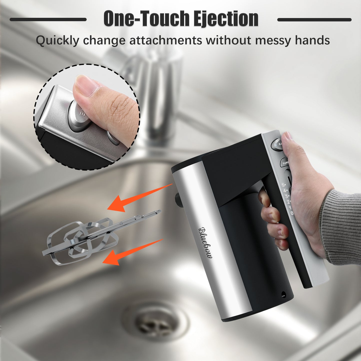 Bluebow Electric Hand Mixer, 5 Speed with Turbo, Kitchen Handheld Mixer with Stainless Steel Whisk, Dough Hook Attachment and Storage Base