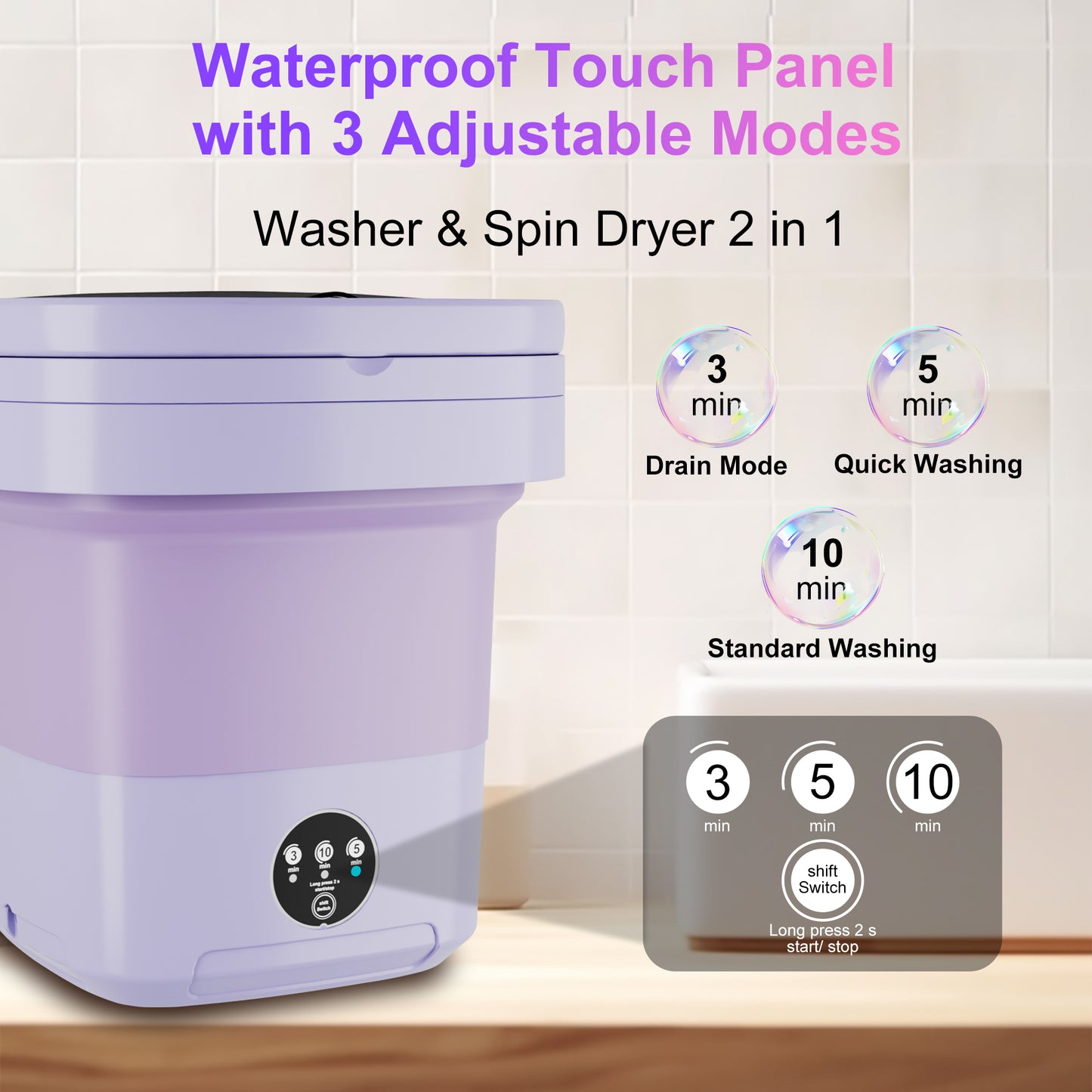 12L Portable Washing Machine, Mini Foldable Washer for Apartment, RV, Travel, Purple