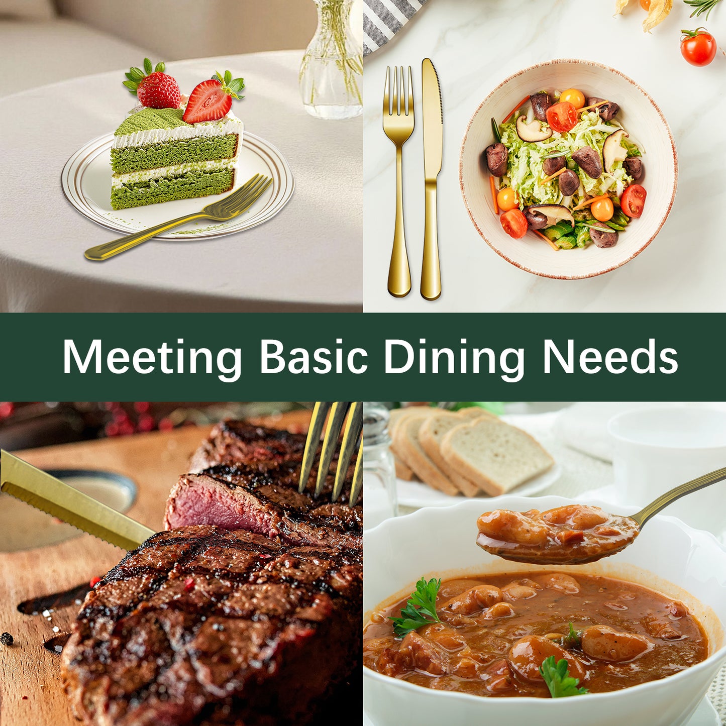 Bluebow 24-Piece Golden Silverware Set with Steak Knives, Flatware Cutlery Set for 4, Food-Grade Stainless Steel Kitchen Tableware Set