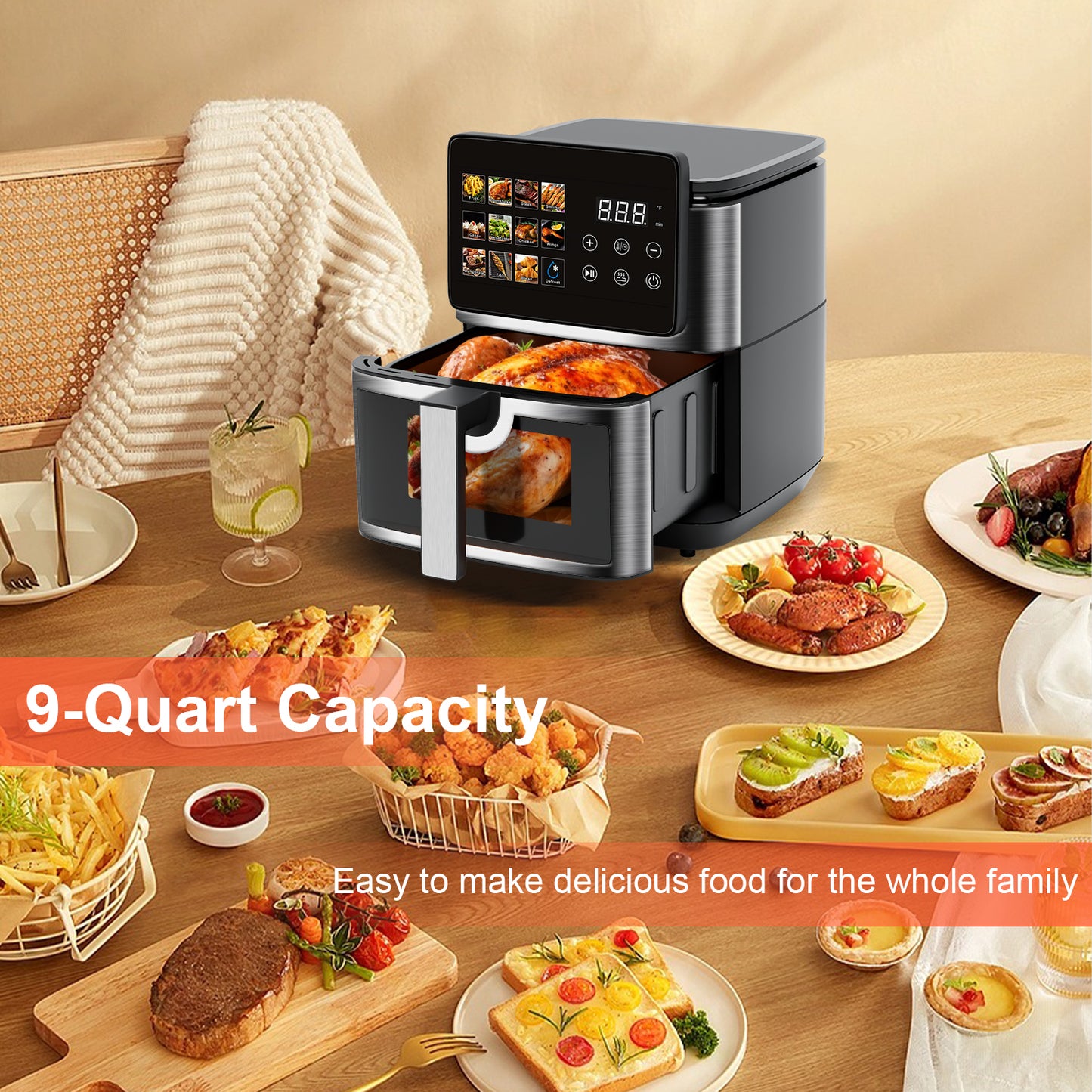 Bluebow 9QT Air Fryer with Large Touch Screen, 12-In-1 Multi-Functional, Visible Window, Oil-Free Cooking, Black