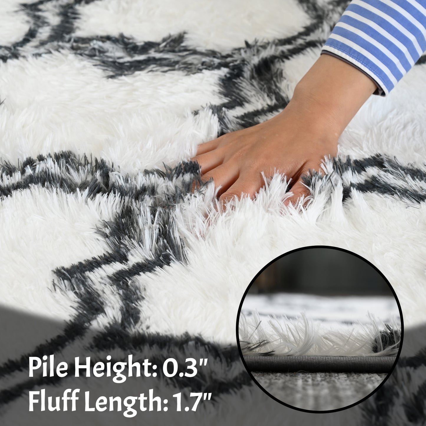 Pentantan 8ft x 10ft Geometric Shag Area Rugs for Living Room, Moroccan Fluffy Bedroom Carpet, White & Black