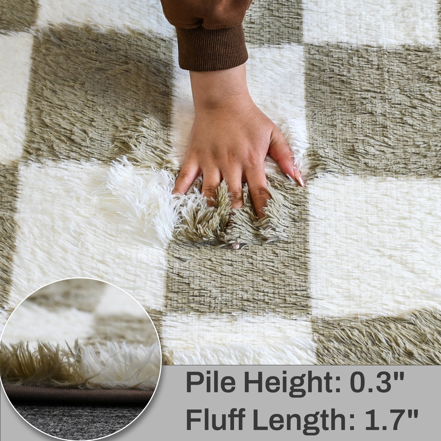 8ft x 10ft Shaggy Area Rugs for Bedroom, Classic Checkered Fluffy Living Room Carpet, Beige & White