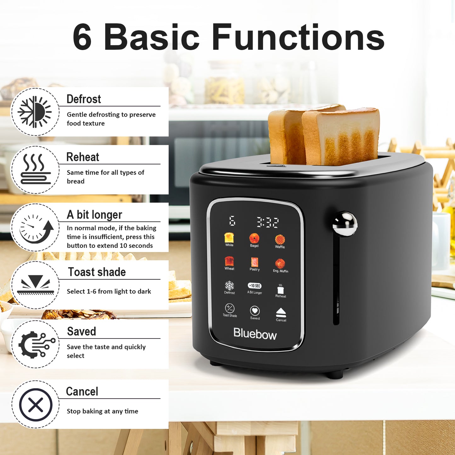 Bluebow 2-Slice Touchscreen Toaster, Removable Tray, Kitchen Appliances, Apartment Essentials (Black)