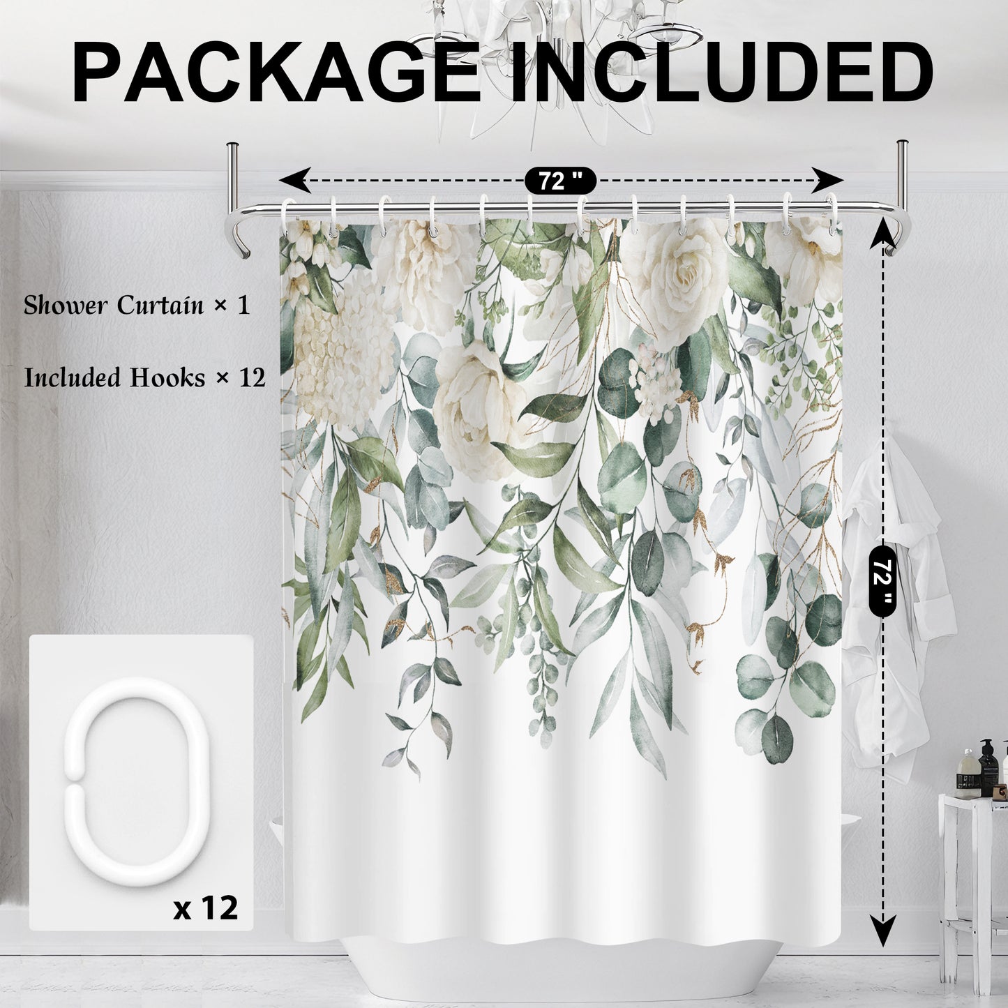 Vaparinckl Fabric Shower Curtain, Floral Watercolor Waterproof Liner Set with Hooks for Bathroom, 72"x72"