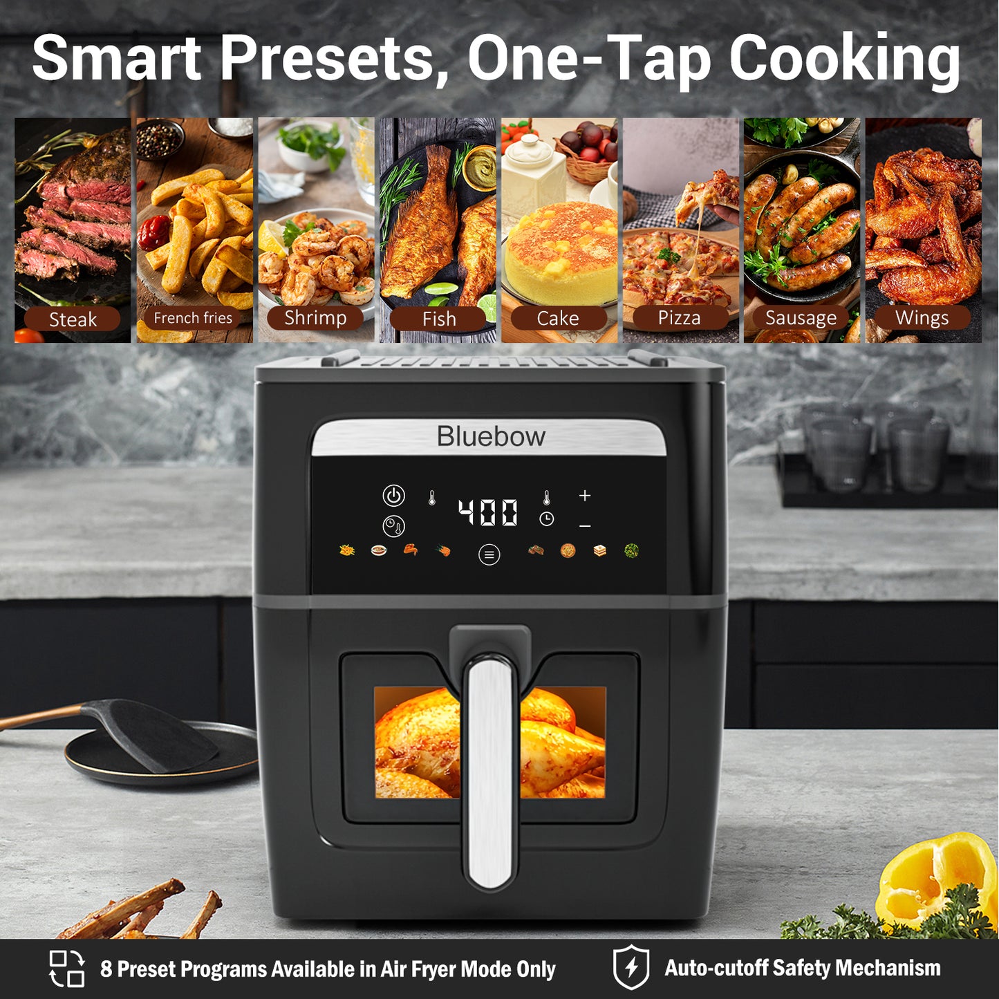 Bluebow 2-In-1 Air Fryer & Grill Pan Combo, 9QT Capacity, 8 Preset Functions, Non Toxic, Non-Stick, View Window, Black
