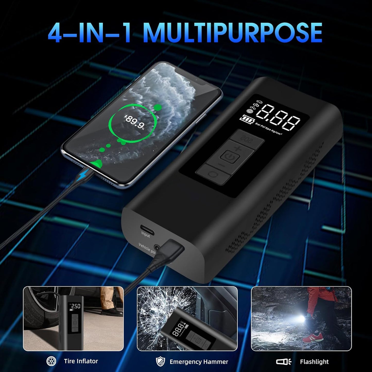 Tire Inflator Portable Air Compressor, 160 PSI Air Pump with 12000mAh Battery, Auto-shutoff for Cars, Digital Pressure Gauge, Emergency LED Light