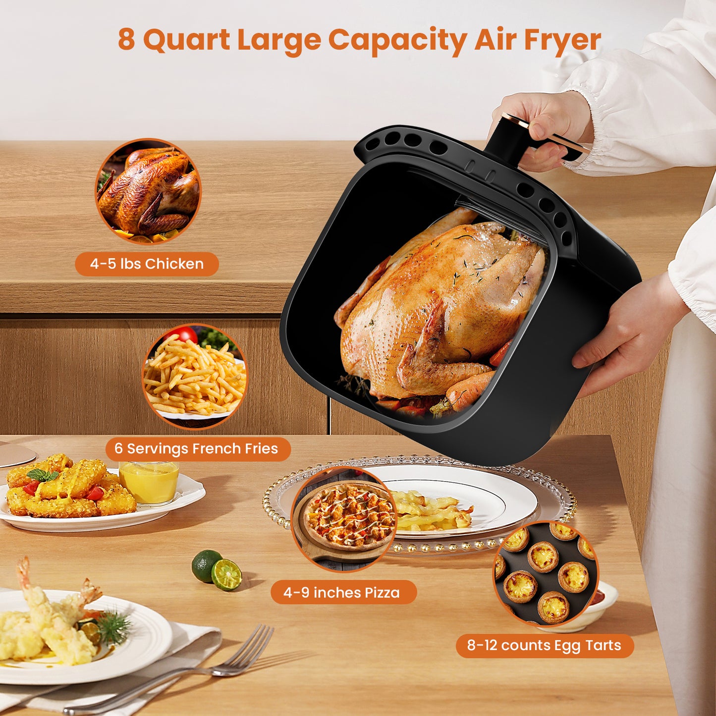 Bluebow Air Fryer Large 7.5QT, 8-in-1 Digital Touchscreen, Visible Cooking Window, 1700W, White