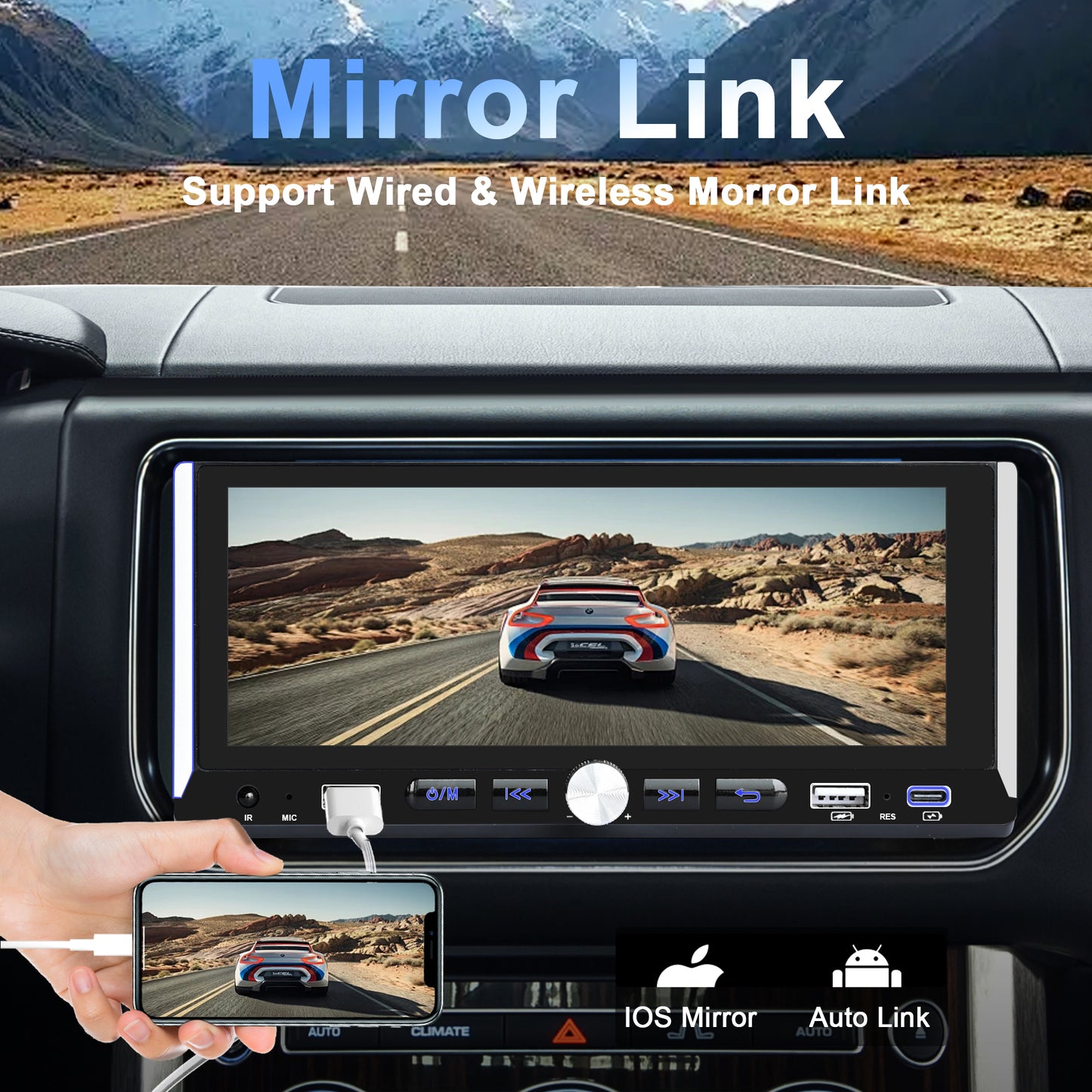Lieucyst Wireless Single Din Car Stereo with Apple Carplay & Android Auto, 6.9" Touchscreen Car Audio Receiver, Mirror Link, Bluetooth 5.0, FM Radio, Support Type-C/USB Fast Charging, Rear View Camera